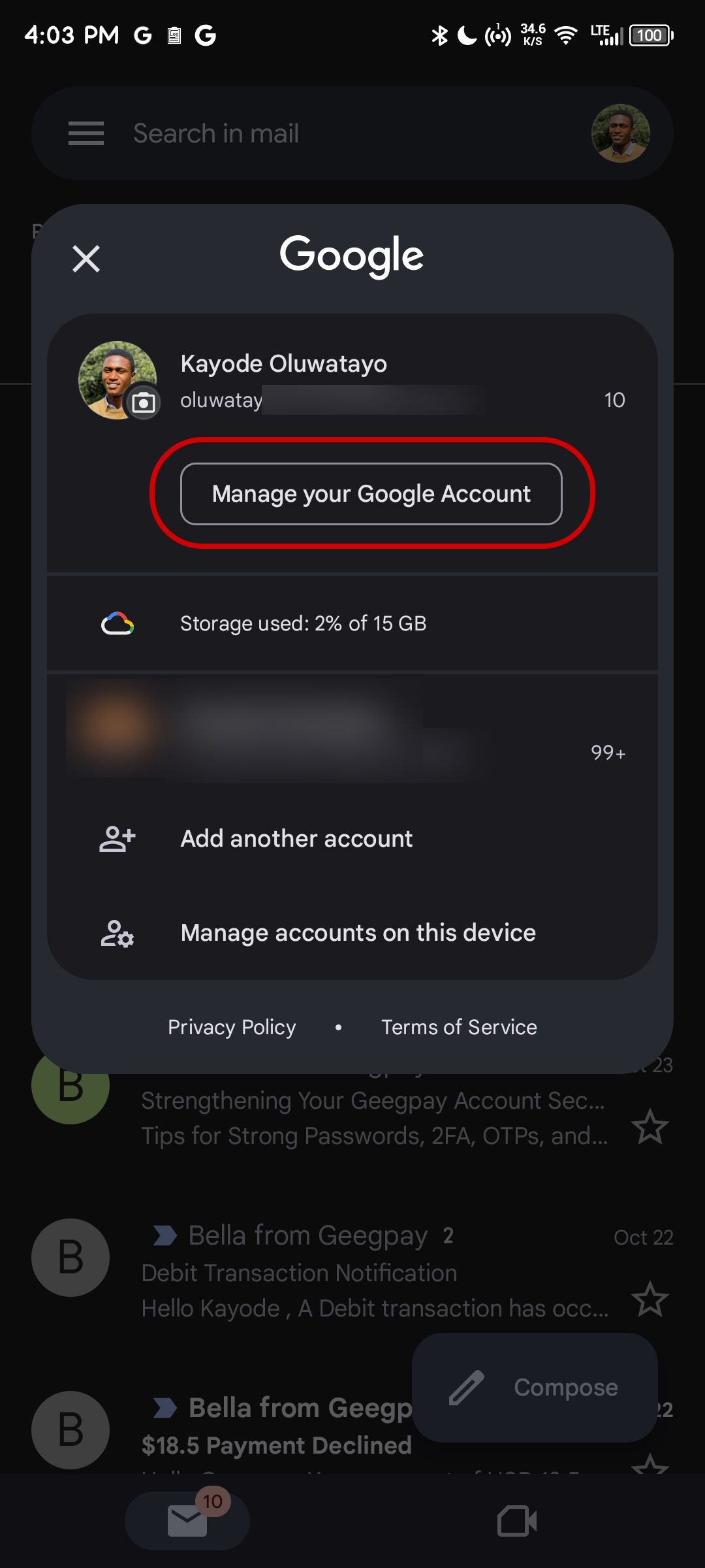 Navegando para as configurações da conta do Google a partir do Gmail 
