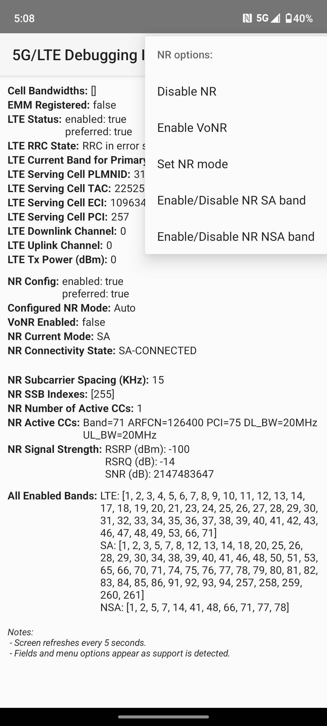Menu de configurações de depuração do telefone Motorola com opções para desabilitar NR 5G