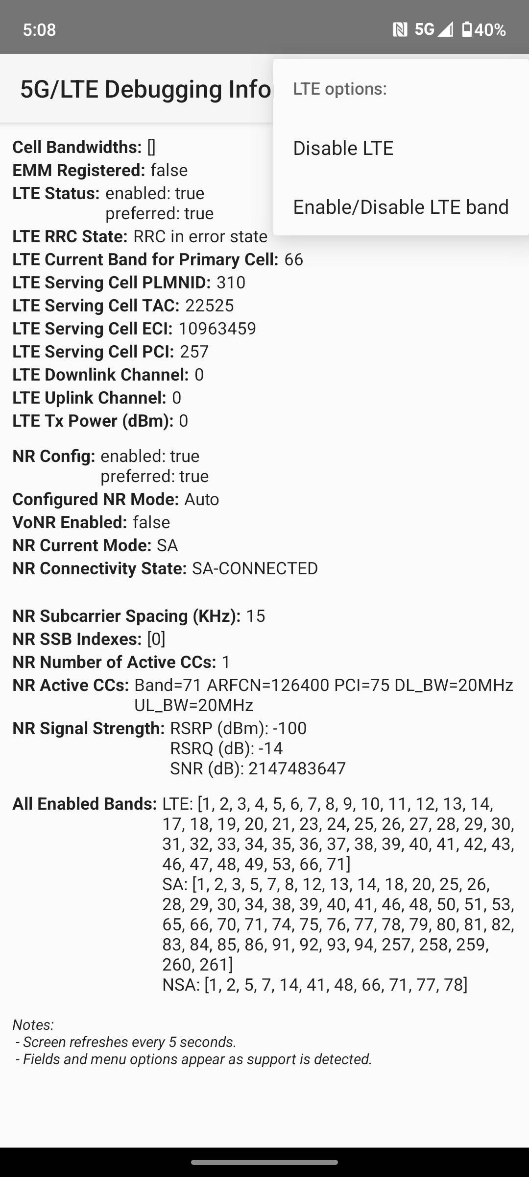 Menu de depuração da Motorola com opções para desabilitar LTE.