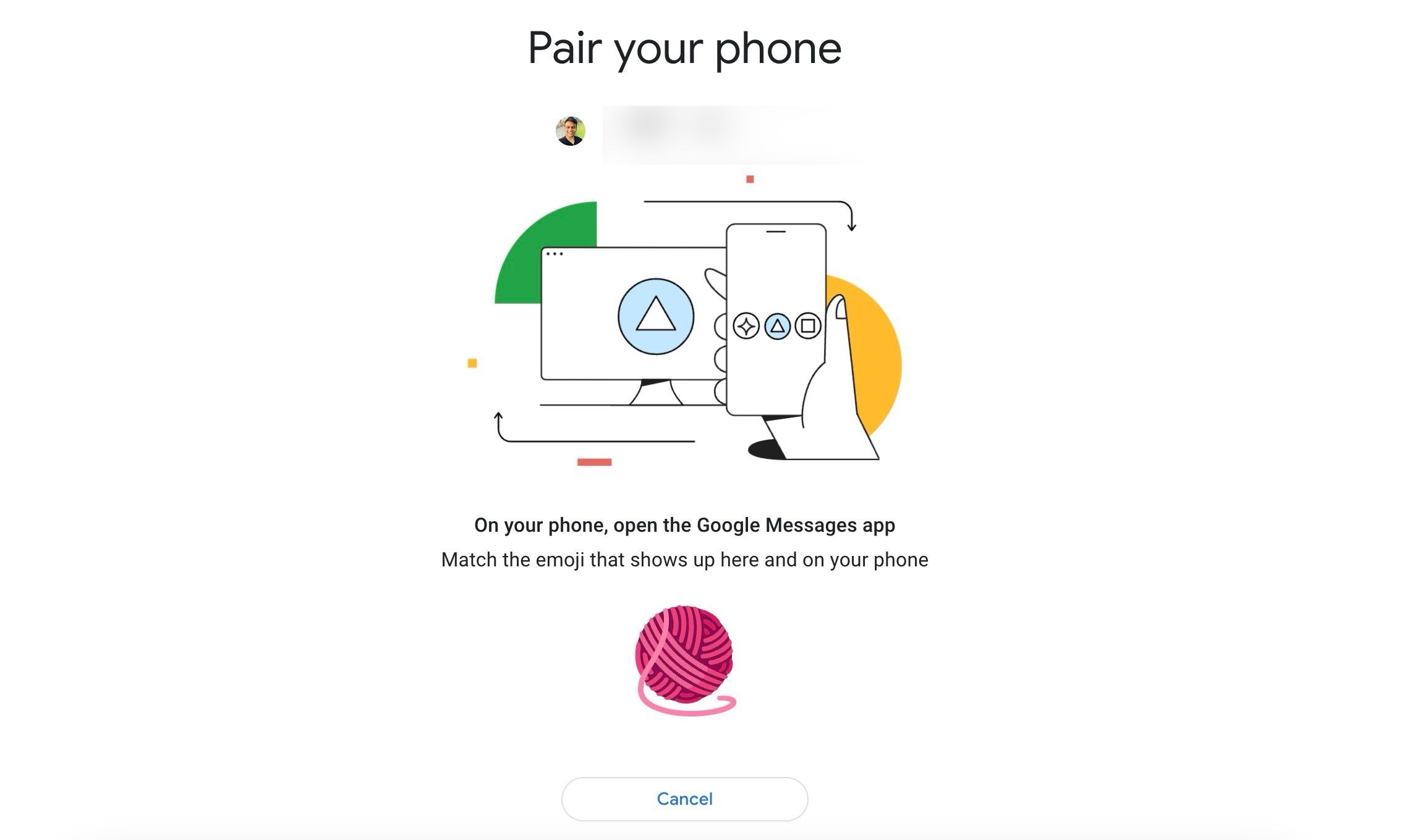 Uma captura de tela mostrando o processo de pareamento do Google Messages