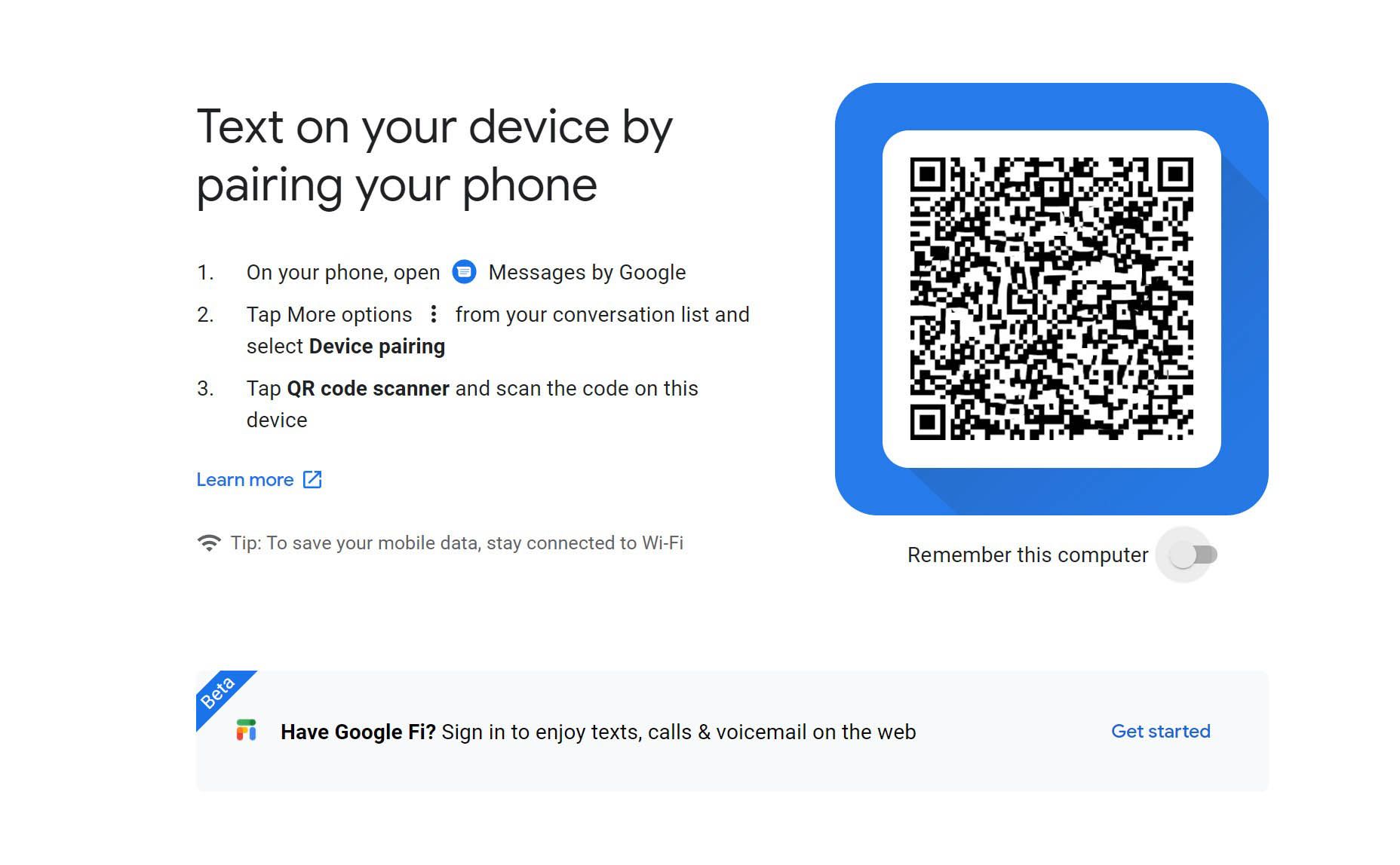 Um código QR para parear o Google Messages com a web a partir do seu telefone