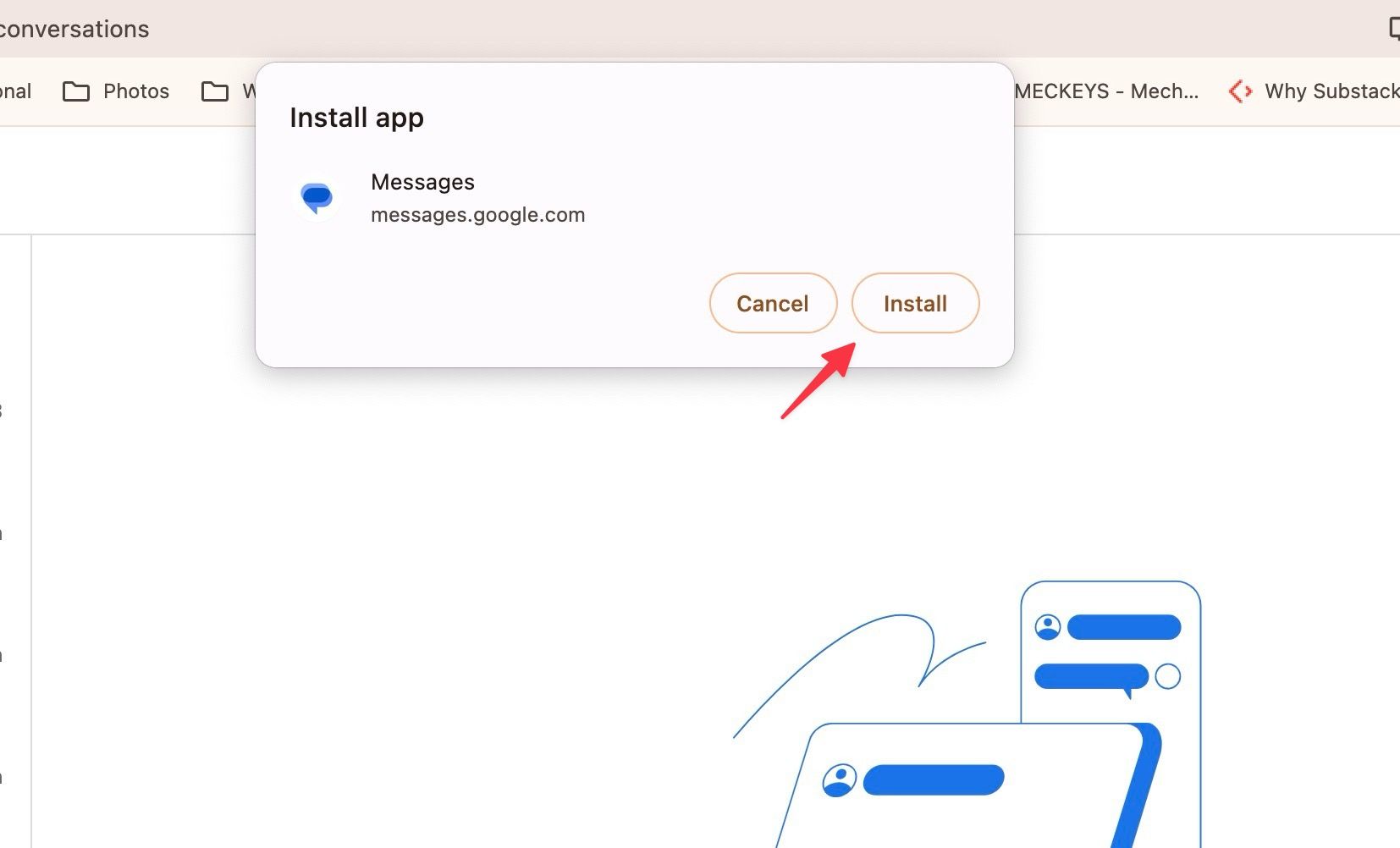 Uma captura de tela mostrando a instalação do Google Messages