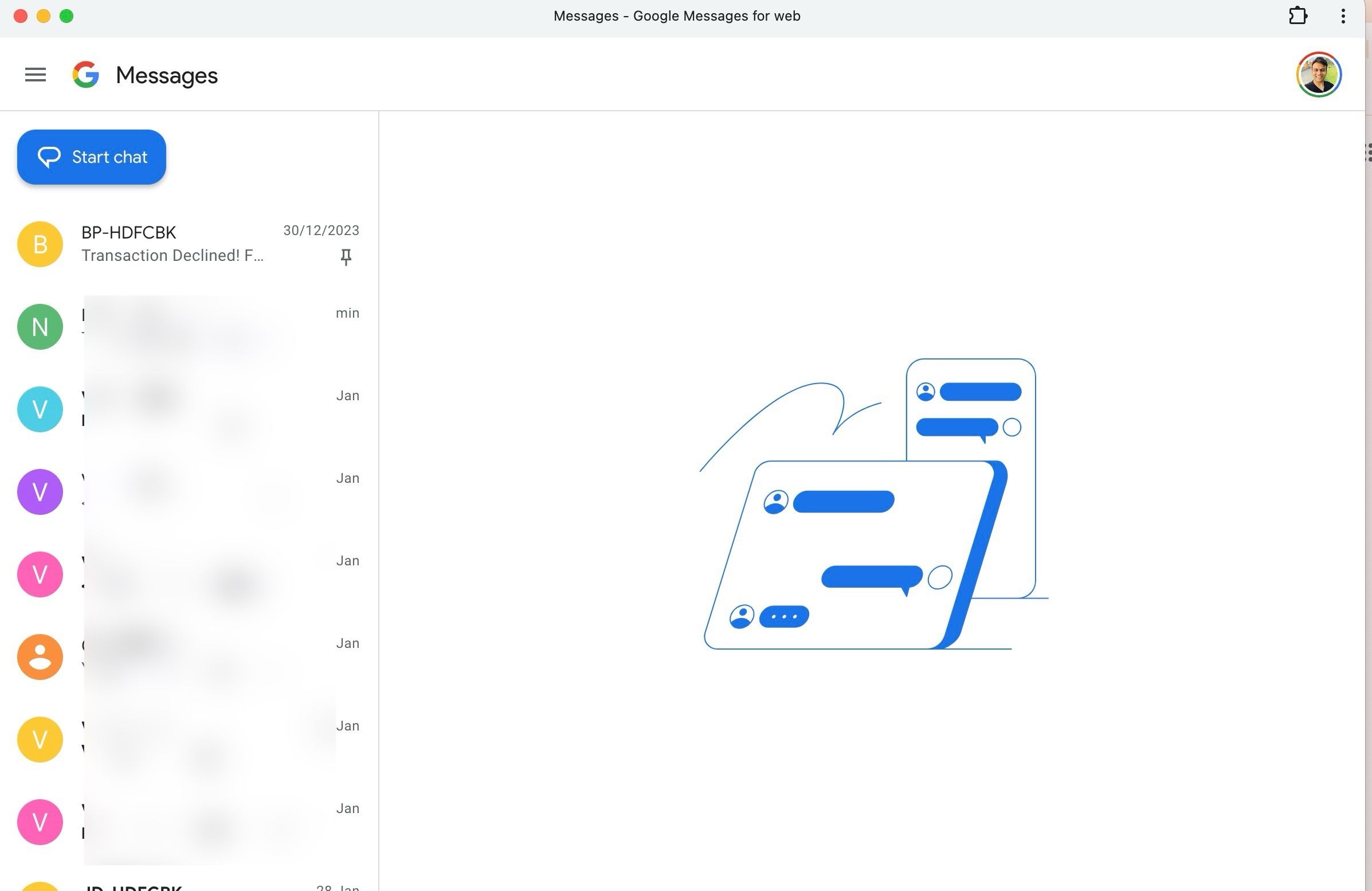 Uma captura de tela mostrando o aplicativo da web Google Messages no Mac
