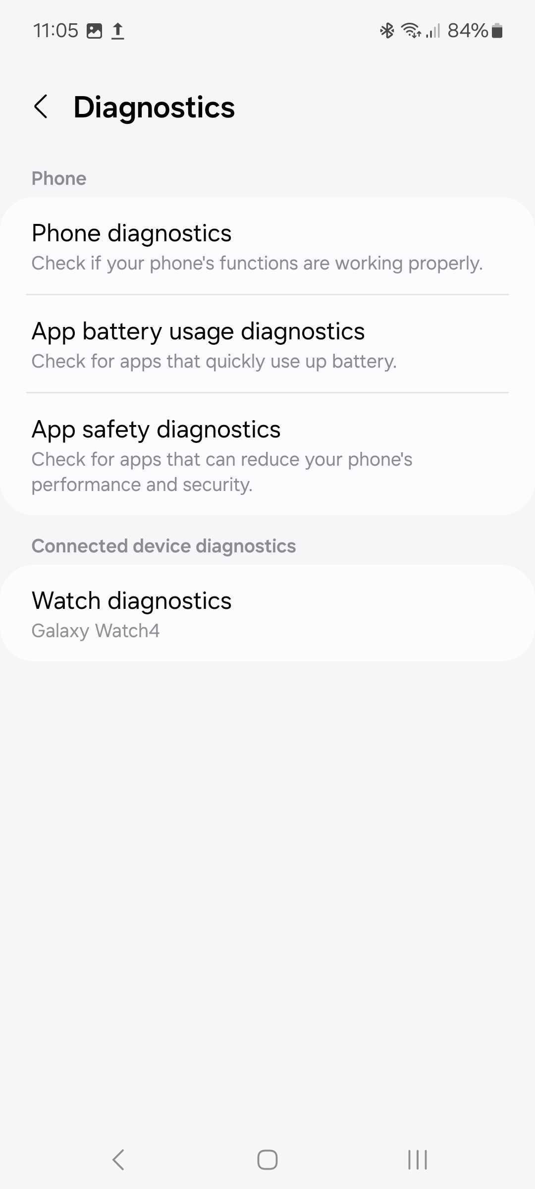 Página de diagnóstico nas configurações de cuidados com o dispositivo Samsung com uma lista de opções