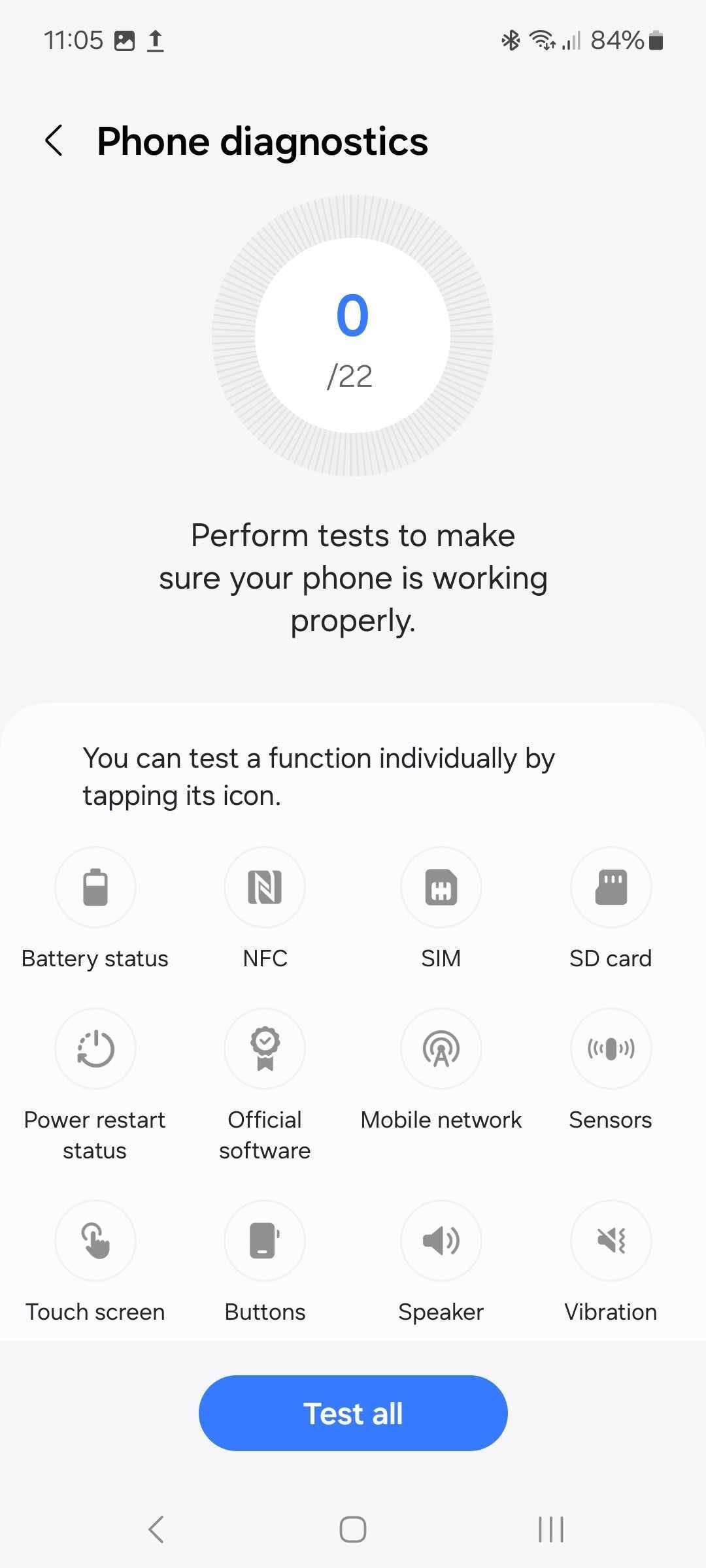 Teste de diagnóstico do telefone e teste de todos os botões nas configurações de cuidados com o dispositivo Samsung