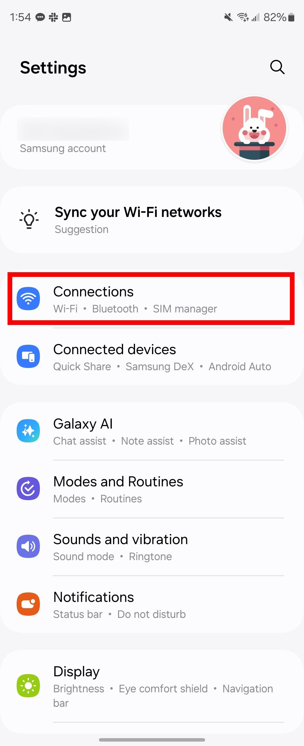 Contorno de retângulo vermelho destacando conexões nas configurações do Samsung