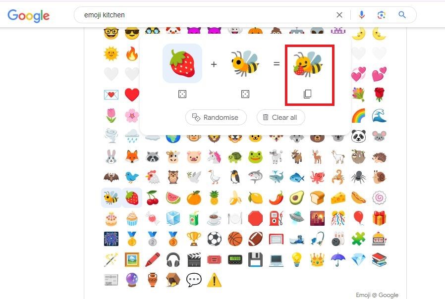 Captura de tela destacando o ícone de cópia no Emoji Kitchen em um navegador