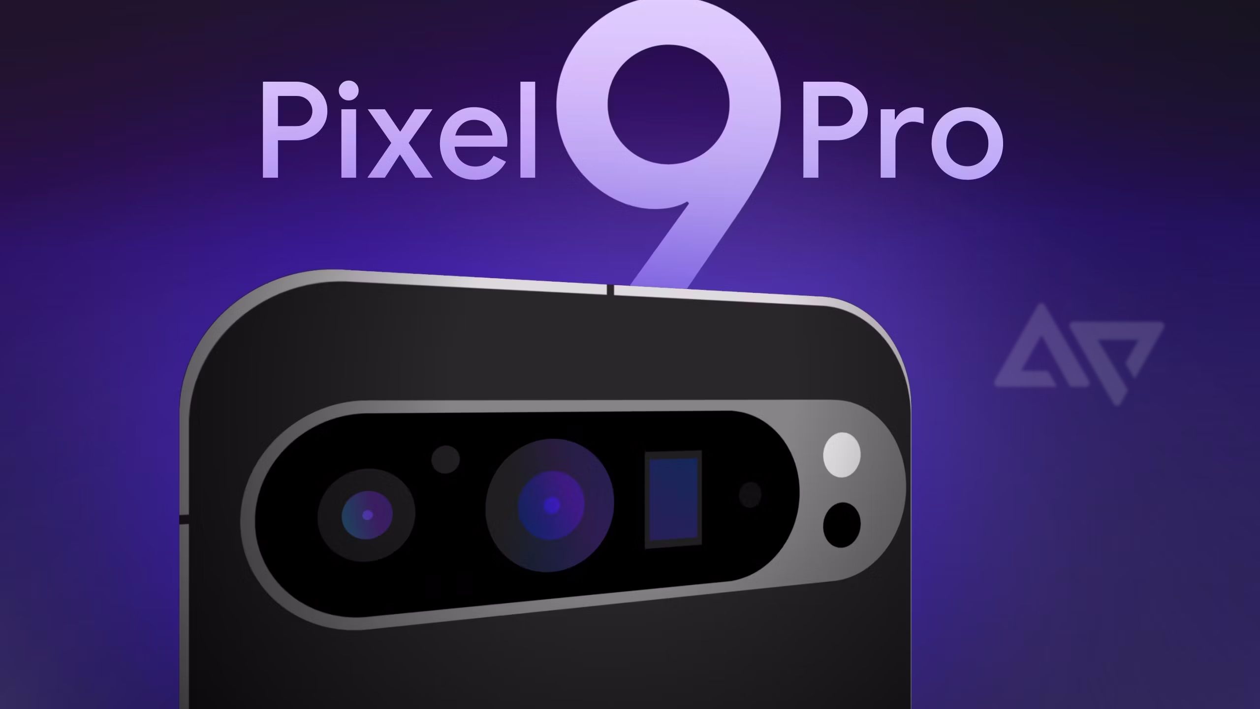 Uma renderização do Pixel 9 Pro contra um fundo roxo.