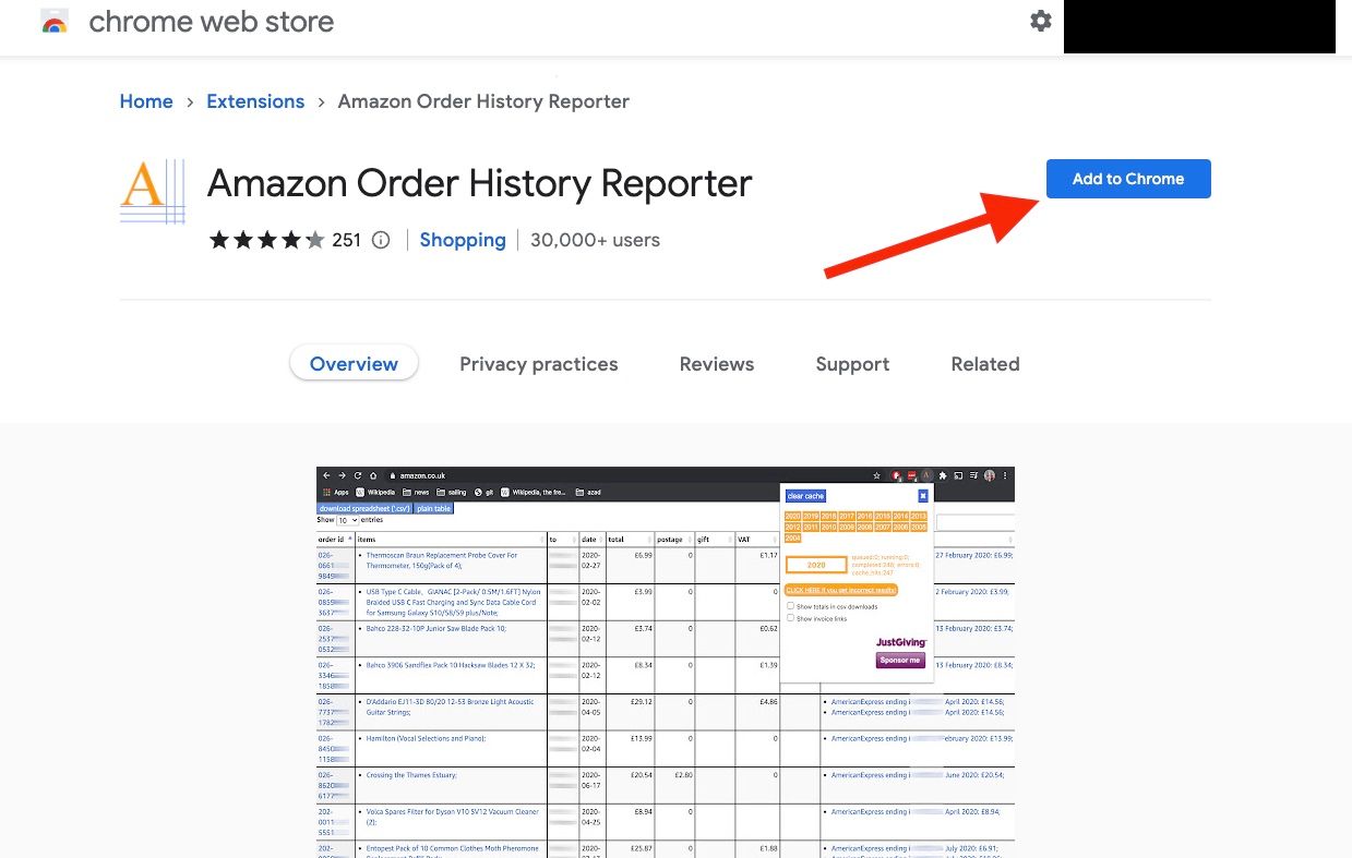 A página da Chrome Web Store para a extensão Amazon Order History Reporter com uma seta vermelha apontando para o botão Adicionar ao Chrome.