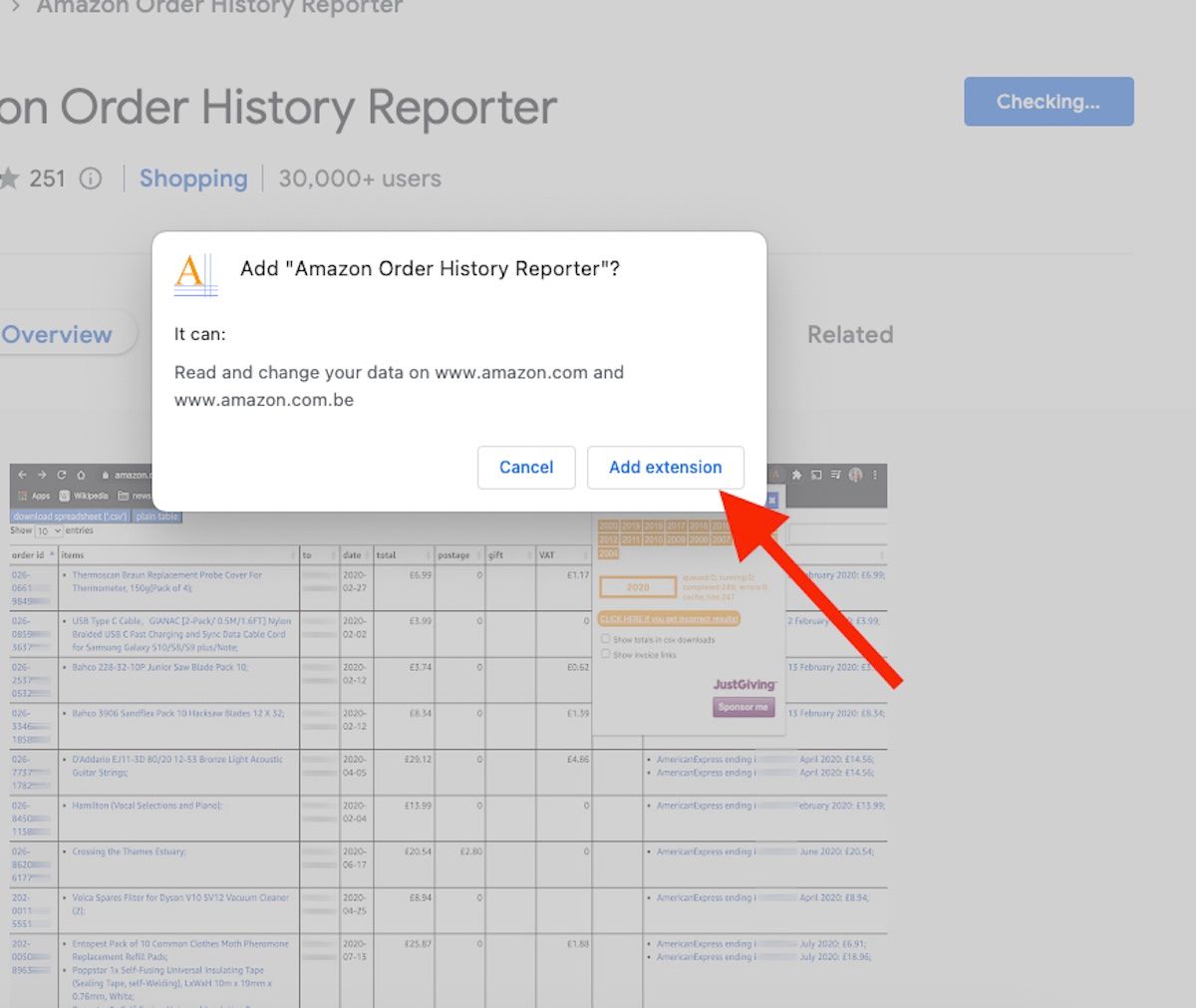 Um pop-up na Chrome Web Store solicitando permissão para instalar a extensão Amazon Order History Reporter com uma seta vermelha apontando para Adicionar extensão.