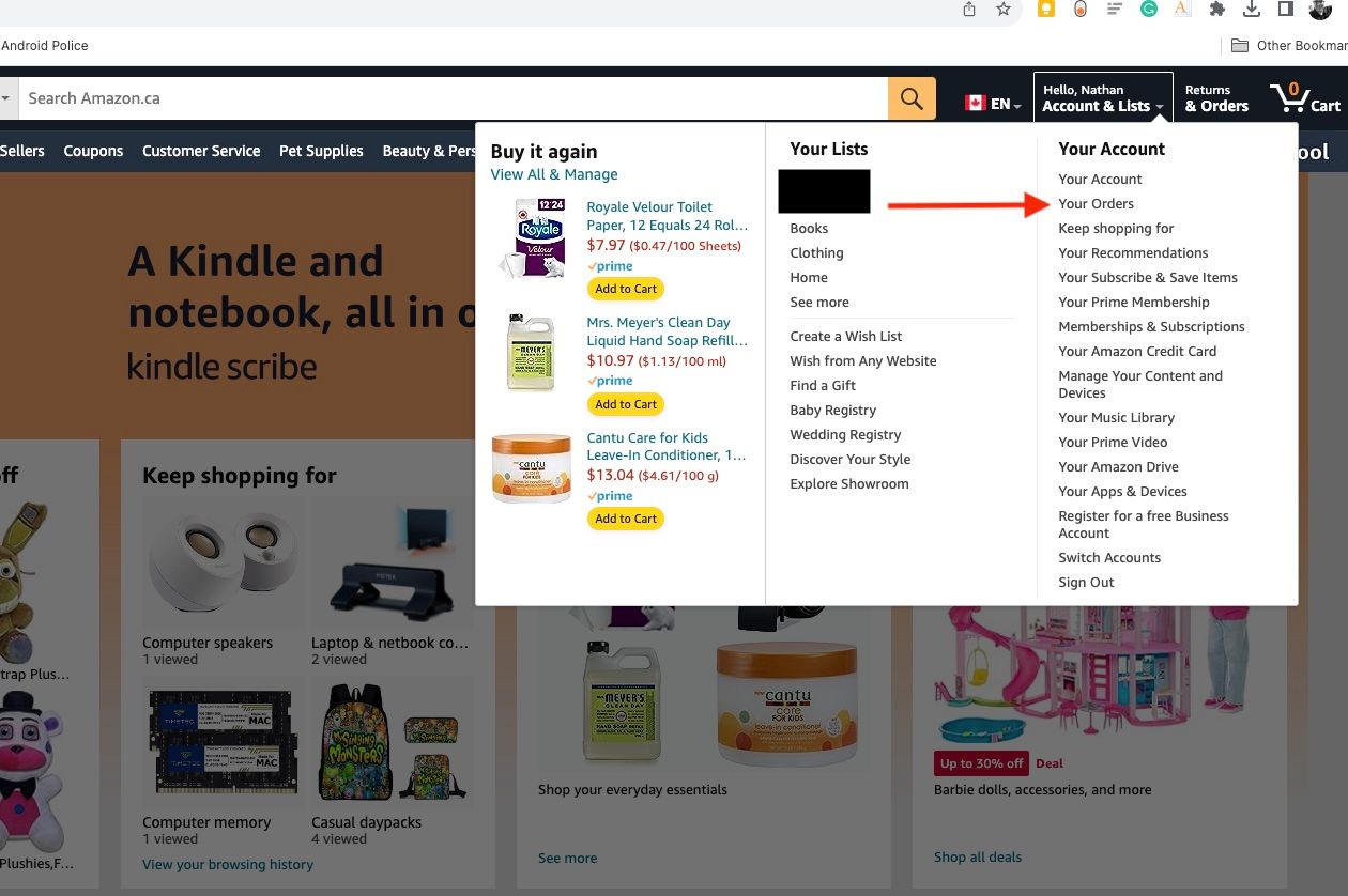 A página inicial da Amazon com o menu suspenso Contas e listas aberto e uma seta vermelha apontando para Seus pedidos.