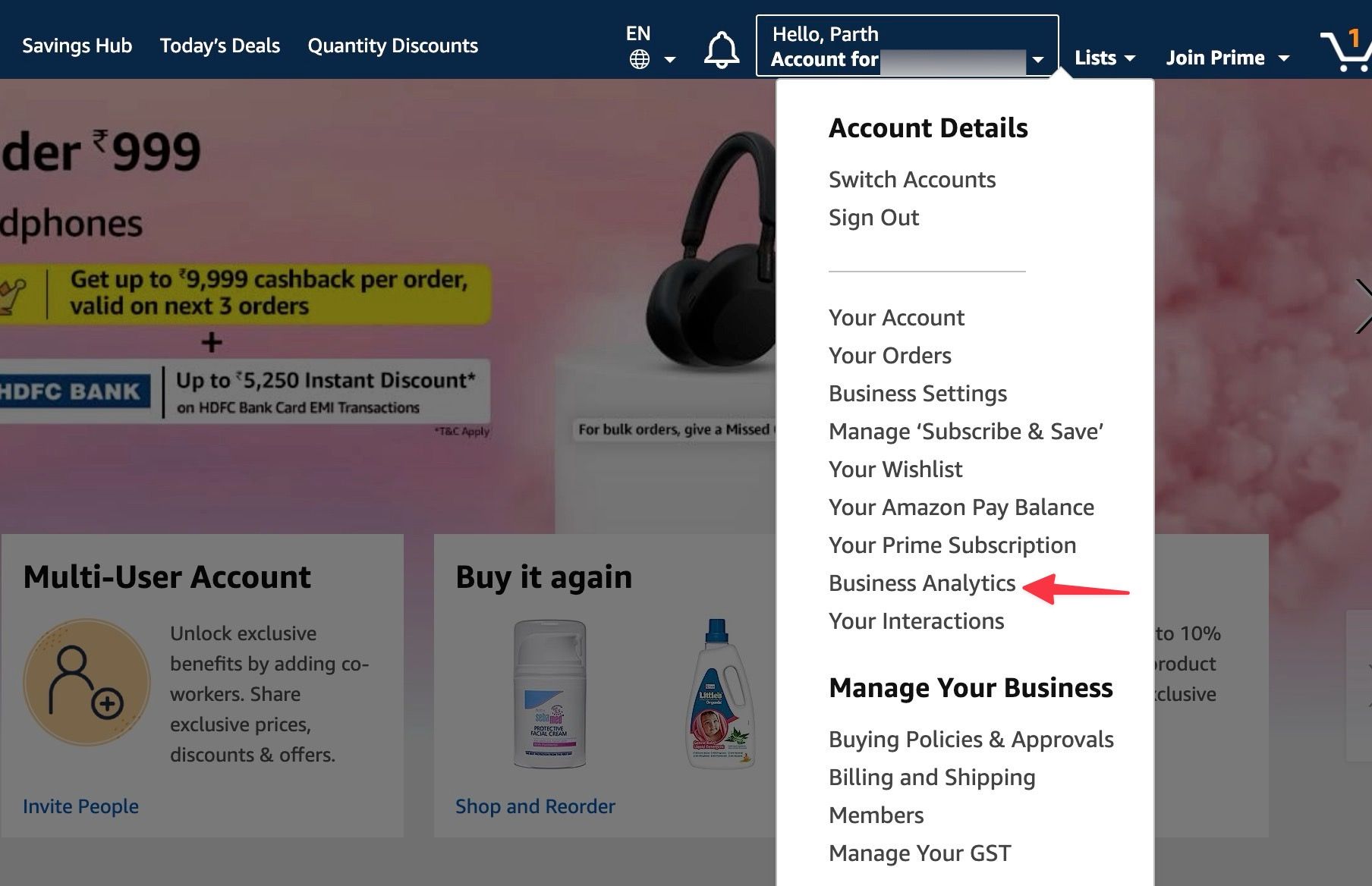 Uma captura de tela mostrando uma opção para abrir o Business Analytics na Amazon