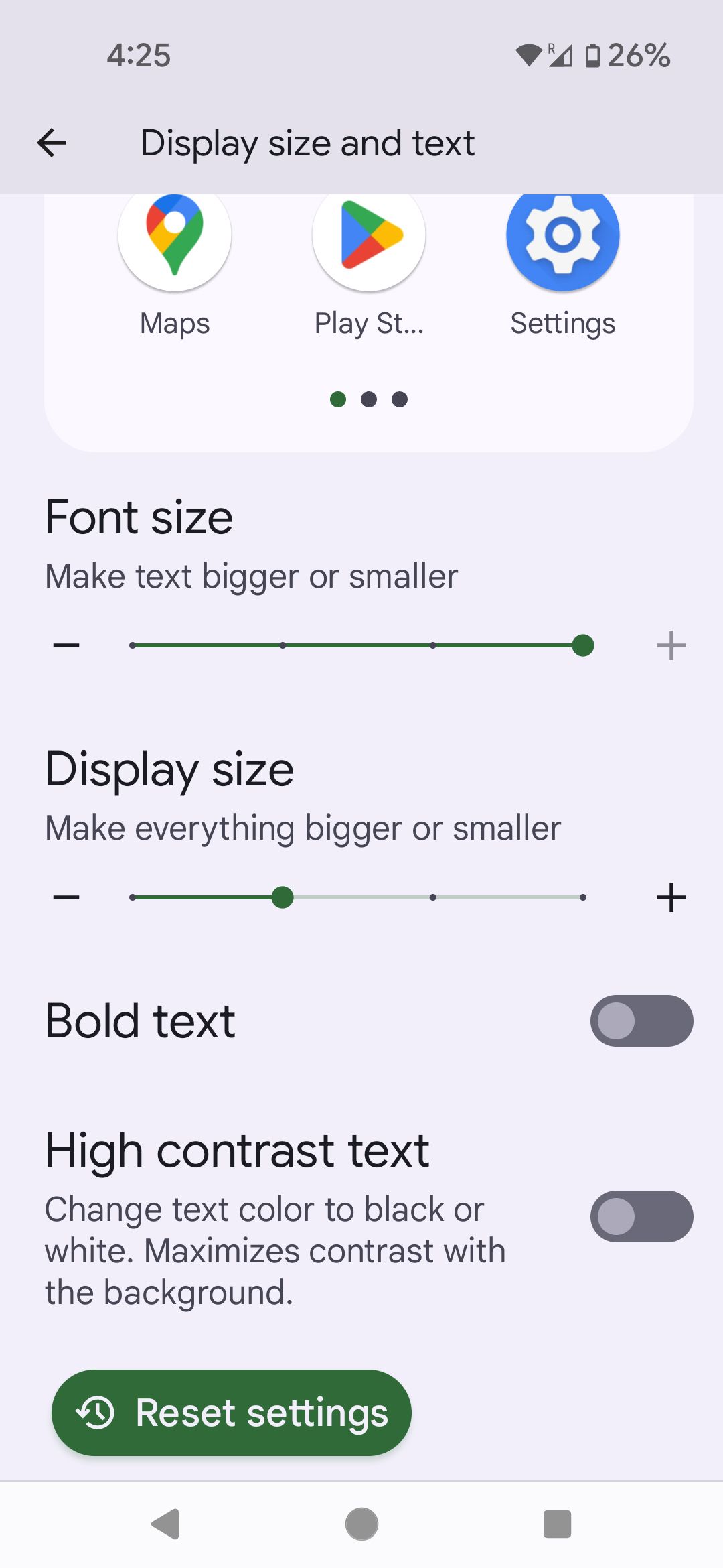 Tamanho da tela de pixels e menu de texto