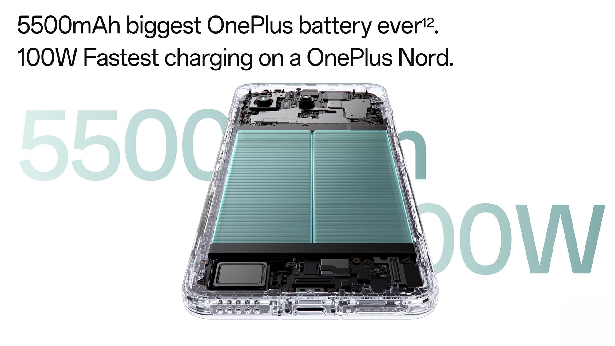 smartphone oneplus nord 4 com bateria exposta e números de capacidade e carga em texto