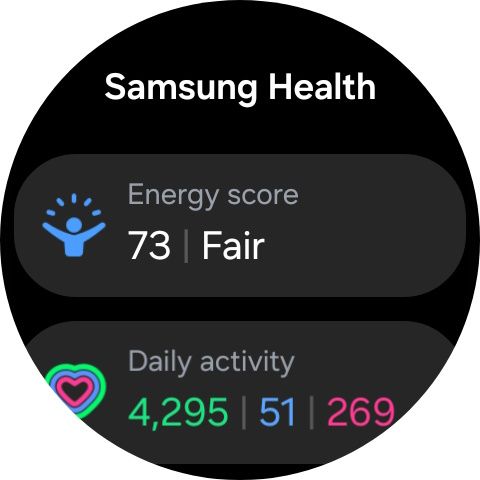 Samsung Health no Wear OS 5 mostrando pontuação de energia e atividade diária