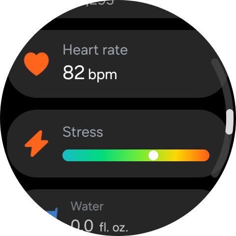 Aplicativo Samsung Health no Wear OS 5 mostrando frequência cardíaca, estresse e água
