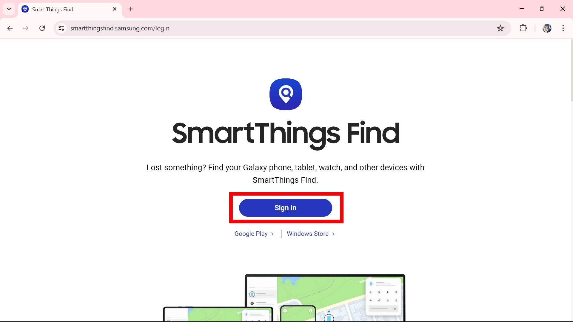 Contorno de retângulo vermelho destacando o botão Entrar na página inicial do Samsung SmartThings