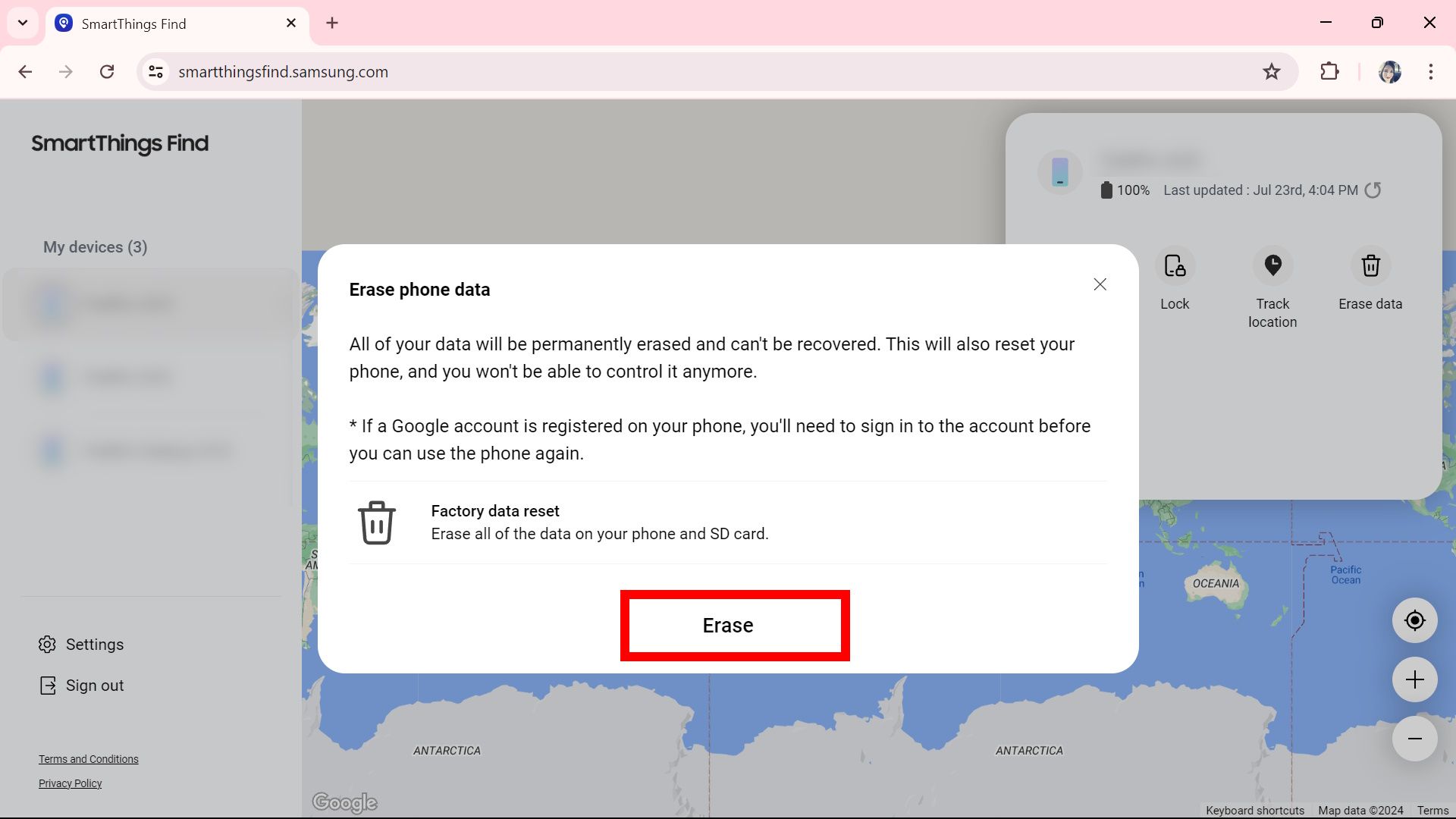 Contorno de retângulo vermelho destacando Apagar na janela de confirmação Apagar dados do telefone na página Localizar do Samsung SmartThings