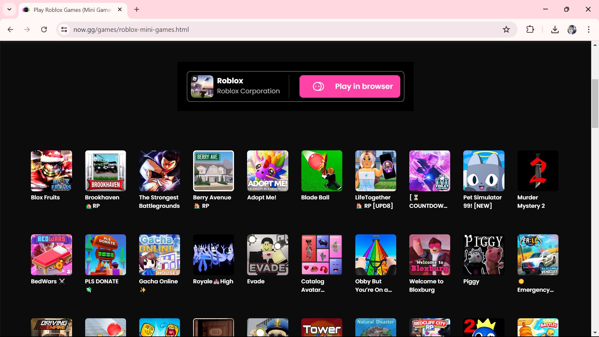 Uma lista de jogos Roblox mostrados no now.gg sem iniciar o aplicativo Roblox