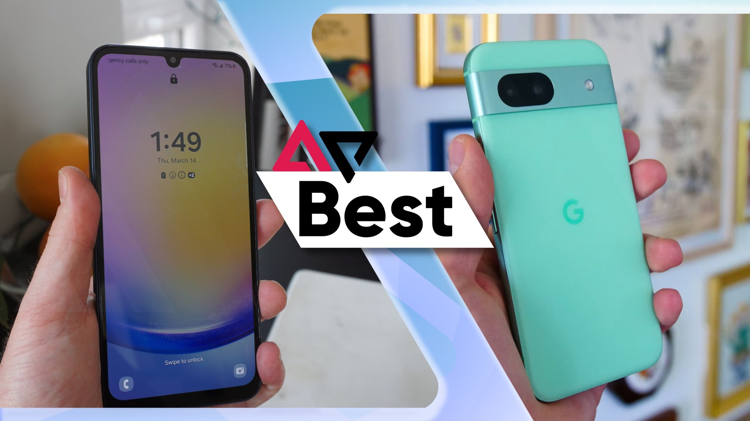Os melhores telefones Android econômicos apresentam imagem com Samsung Galaxy A25 5G à esquerda e Google Pixel 8a à direita
