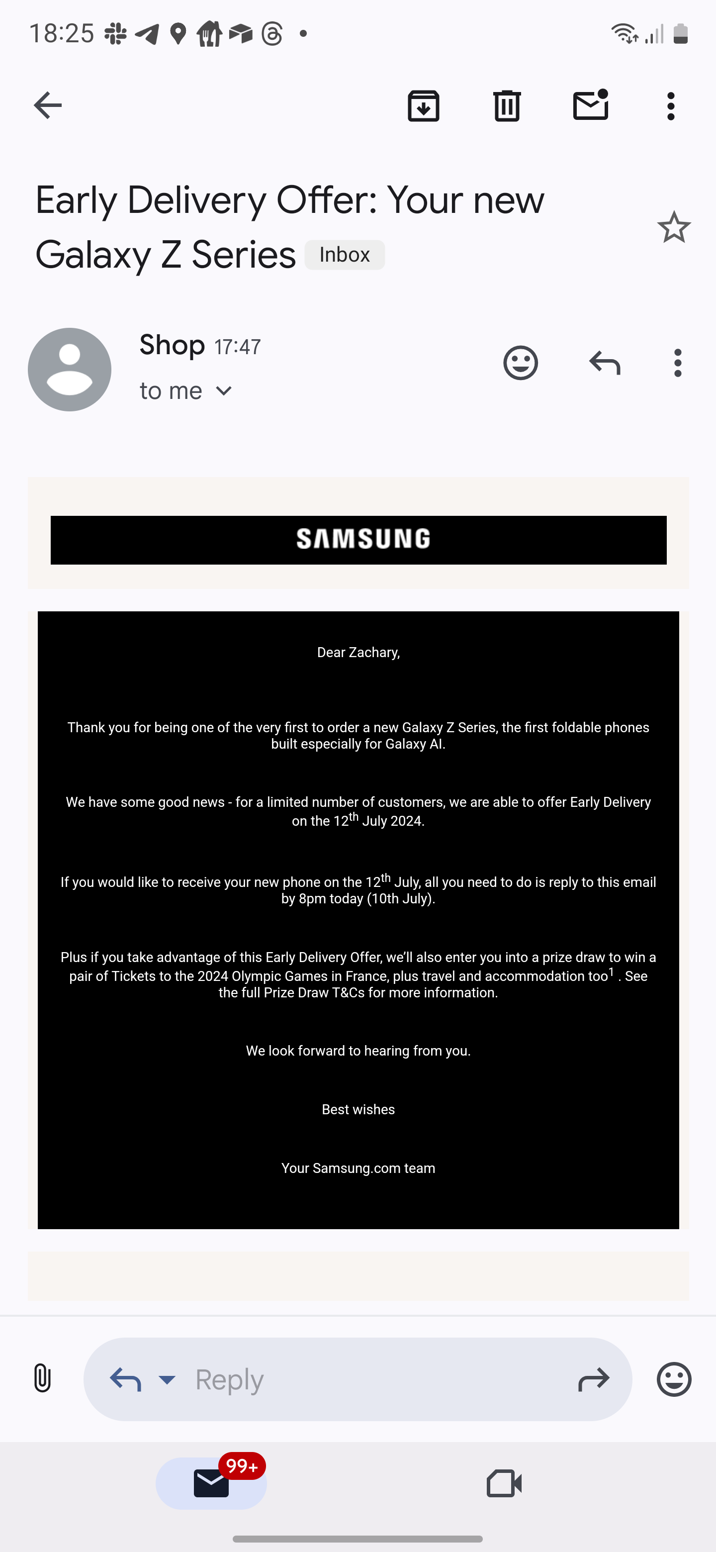 Uma captura de tela de um e-mail da Samsung oferecendo entrega antecipada para clientes do Flip e Fold 6