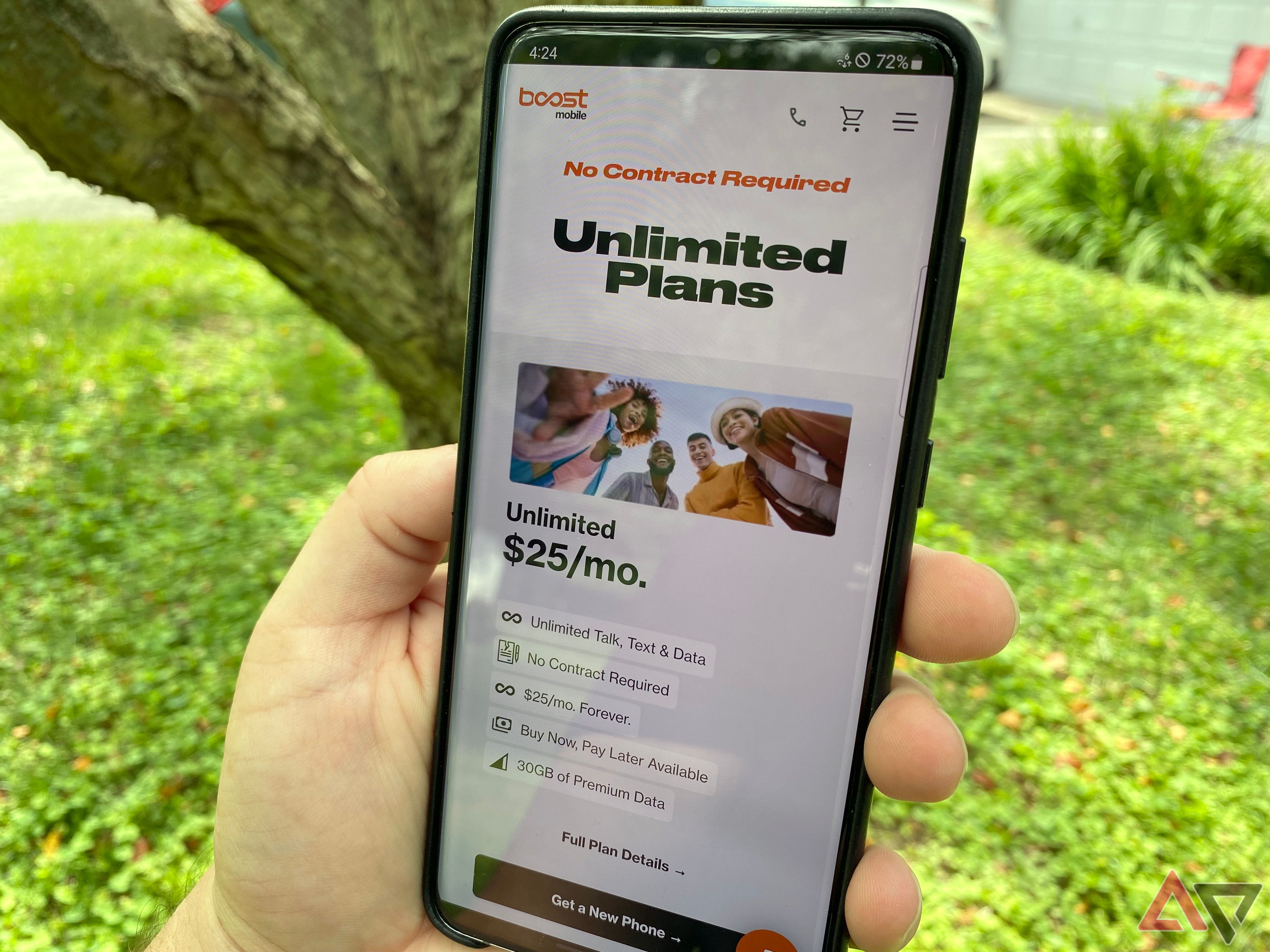 Página da web de planos ilimitados do Boost Mobile em um dispositivo Galaxy