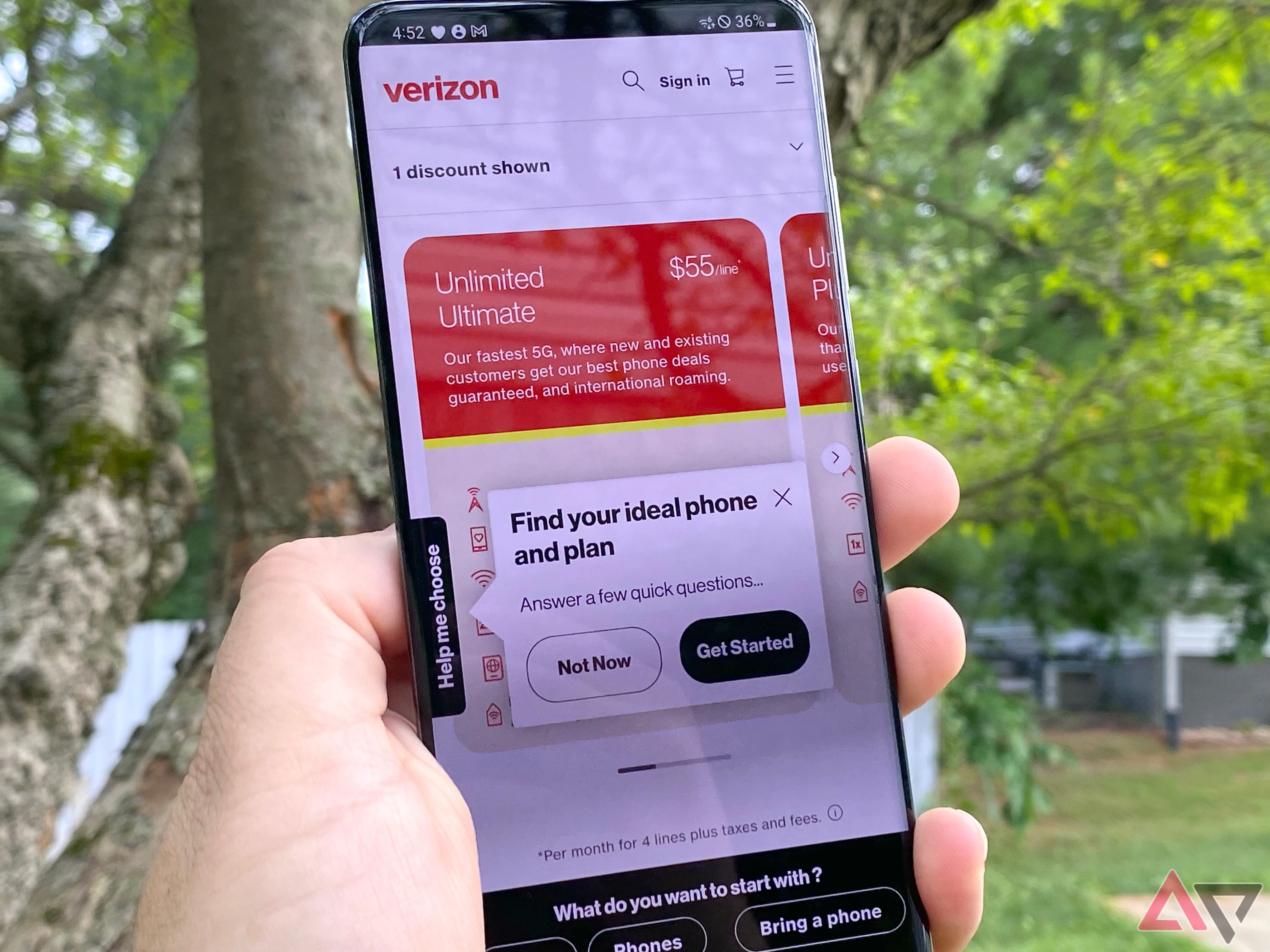 Site da Verizon Wireless em um smartphone Galaxy