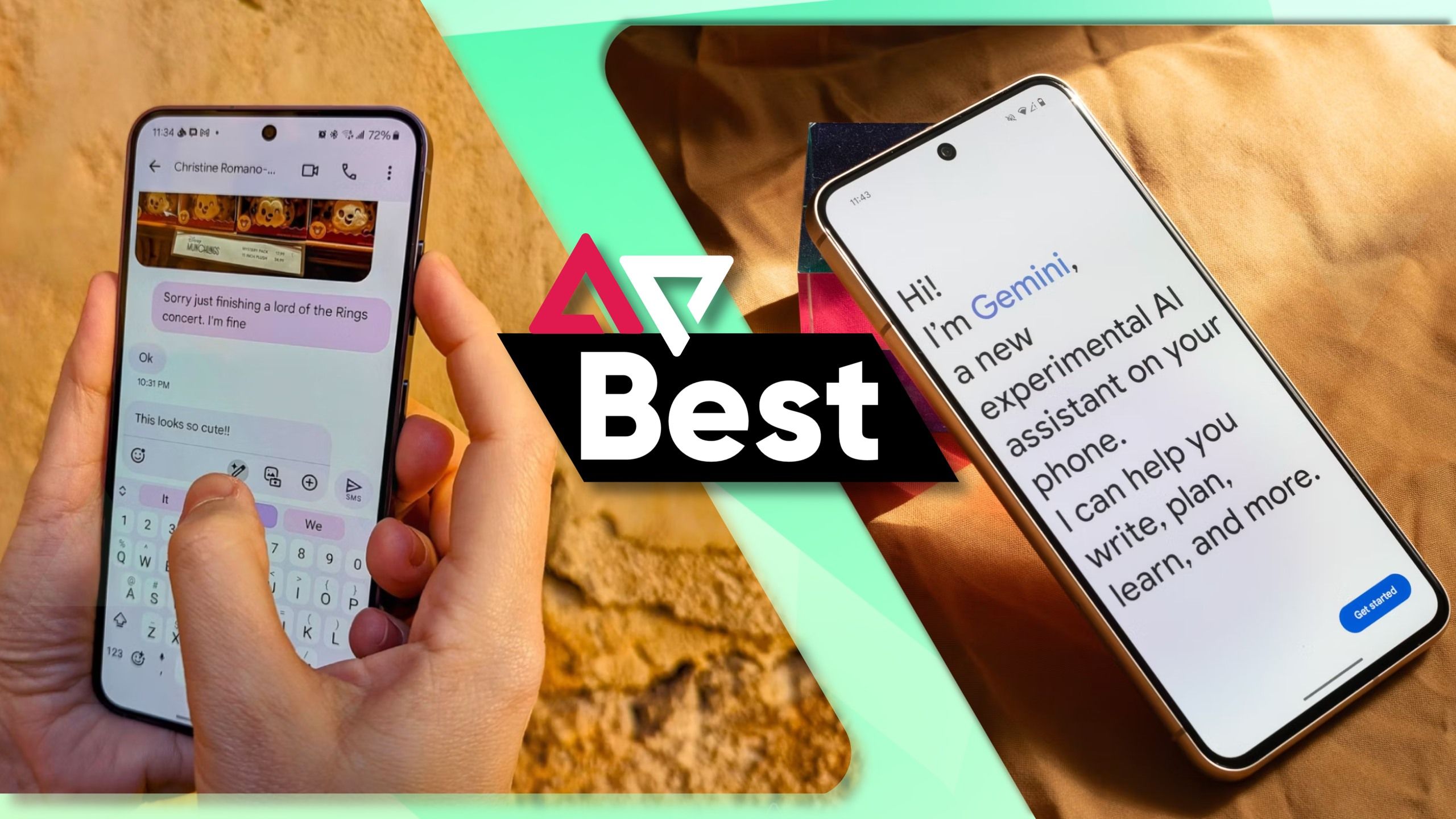 melhores-celulares-pequenos-O Galaxy S24 comparado ao Google Pixel 8 atrás do logotipo da AP Best