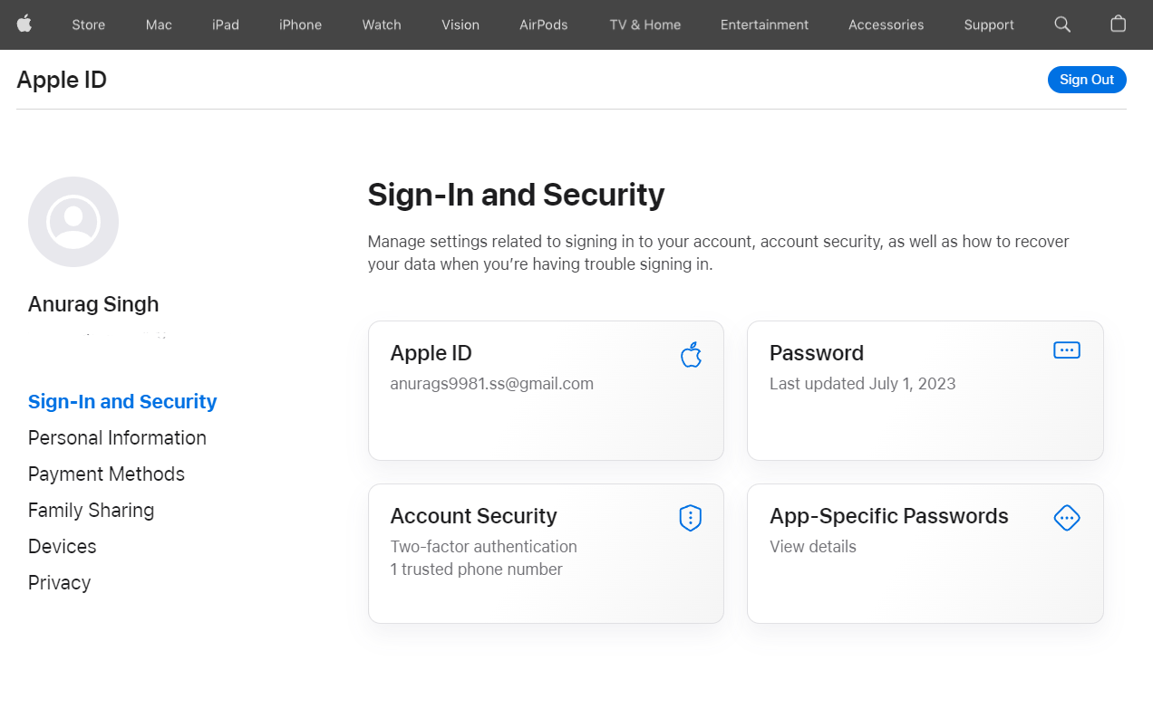 Captura de tela mostrando as configurações de segurança e assinatura do Apple ID.