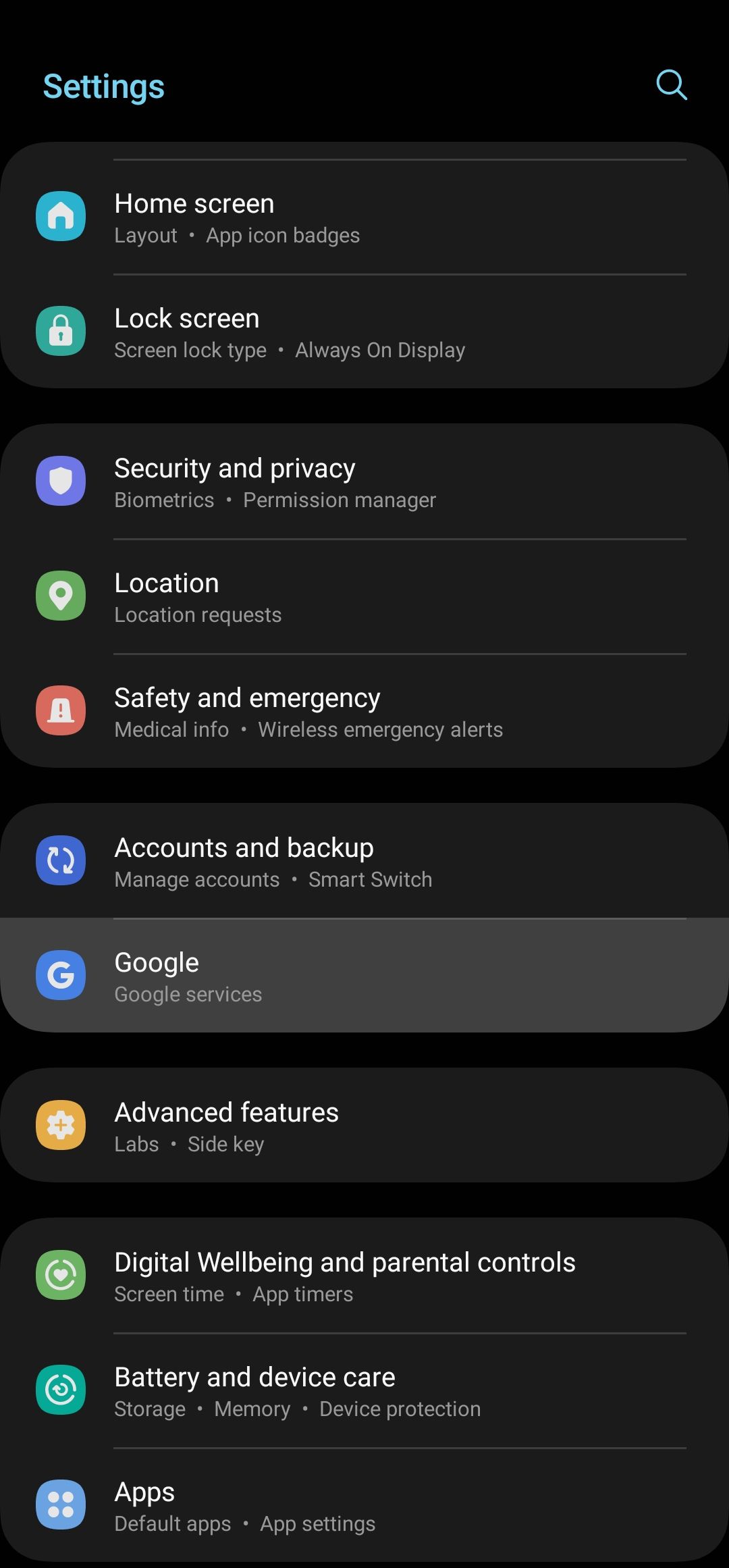 Configurações do dispositivo Android