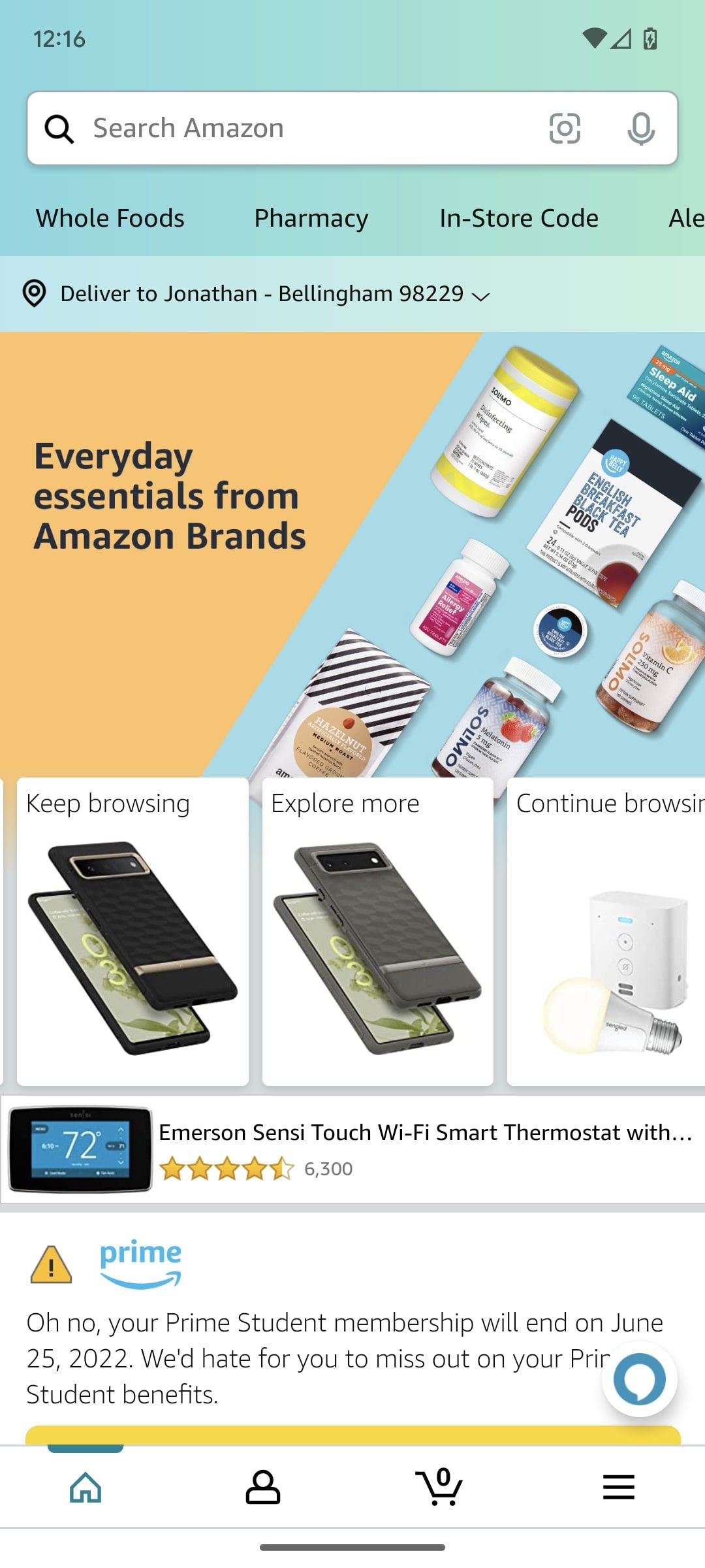 Tela inicial do aplicativo de compras da Amazon
