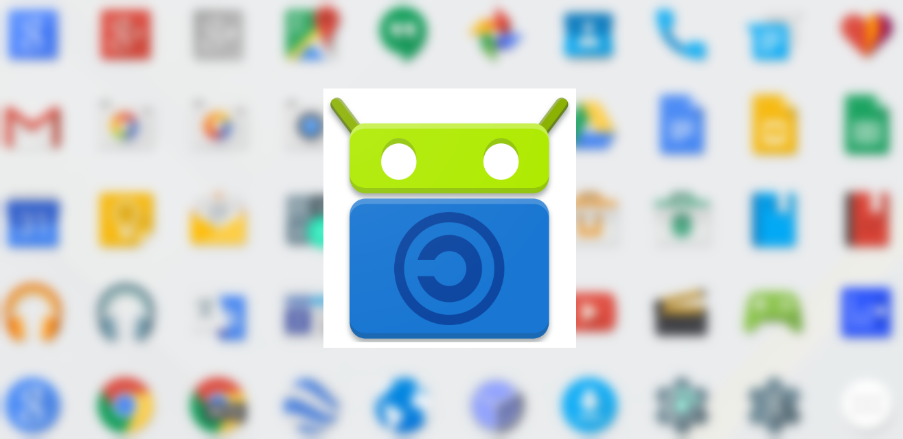 Uma biblioteca de grade de aplicativos desfocados com uma sobreposição de logotipo do F-droid