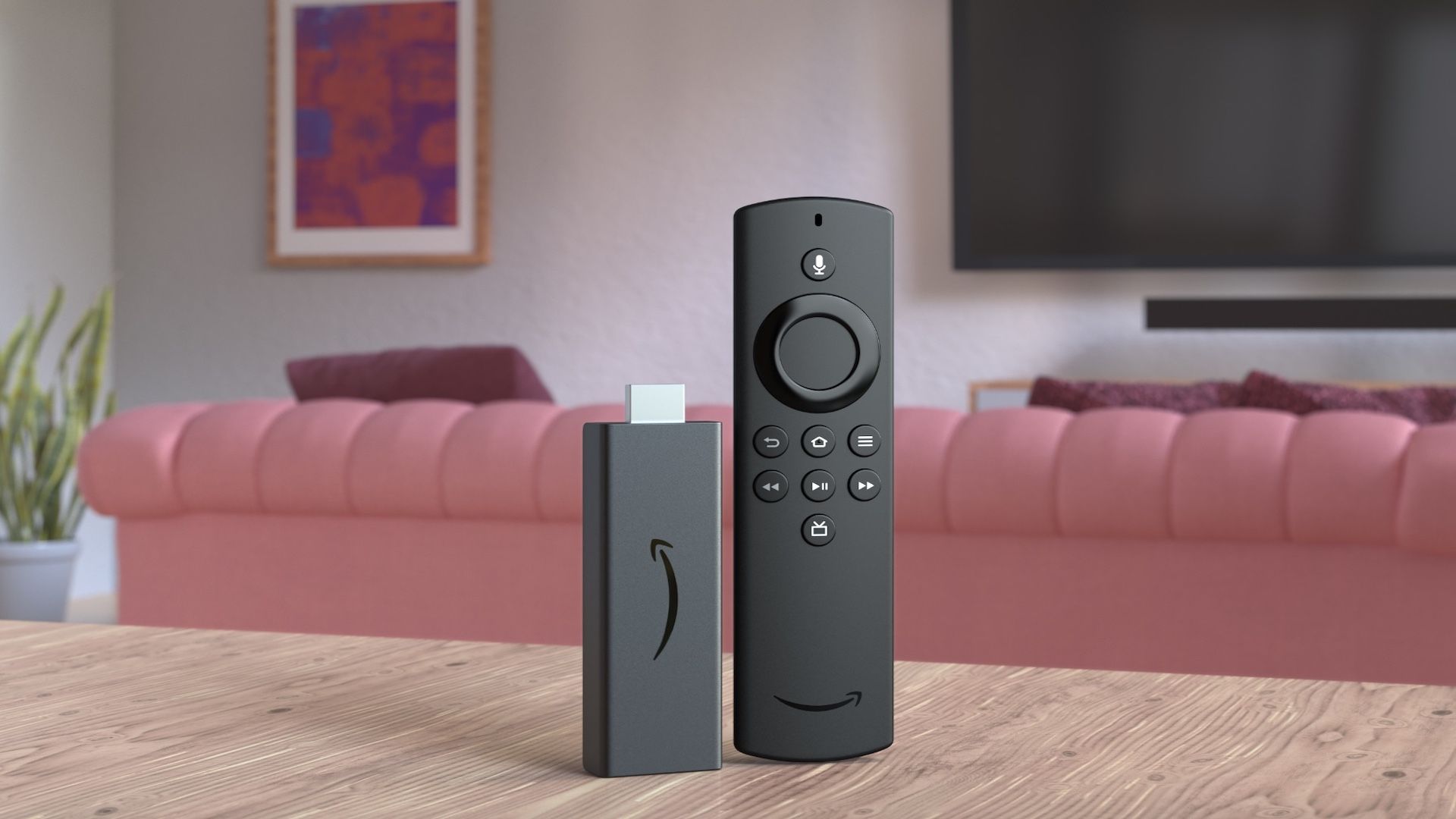 Amazon Fire TV Stick com controle remoto em uma imagem de herói de mesa