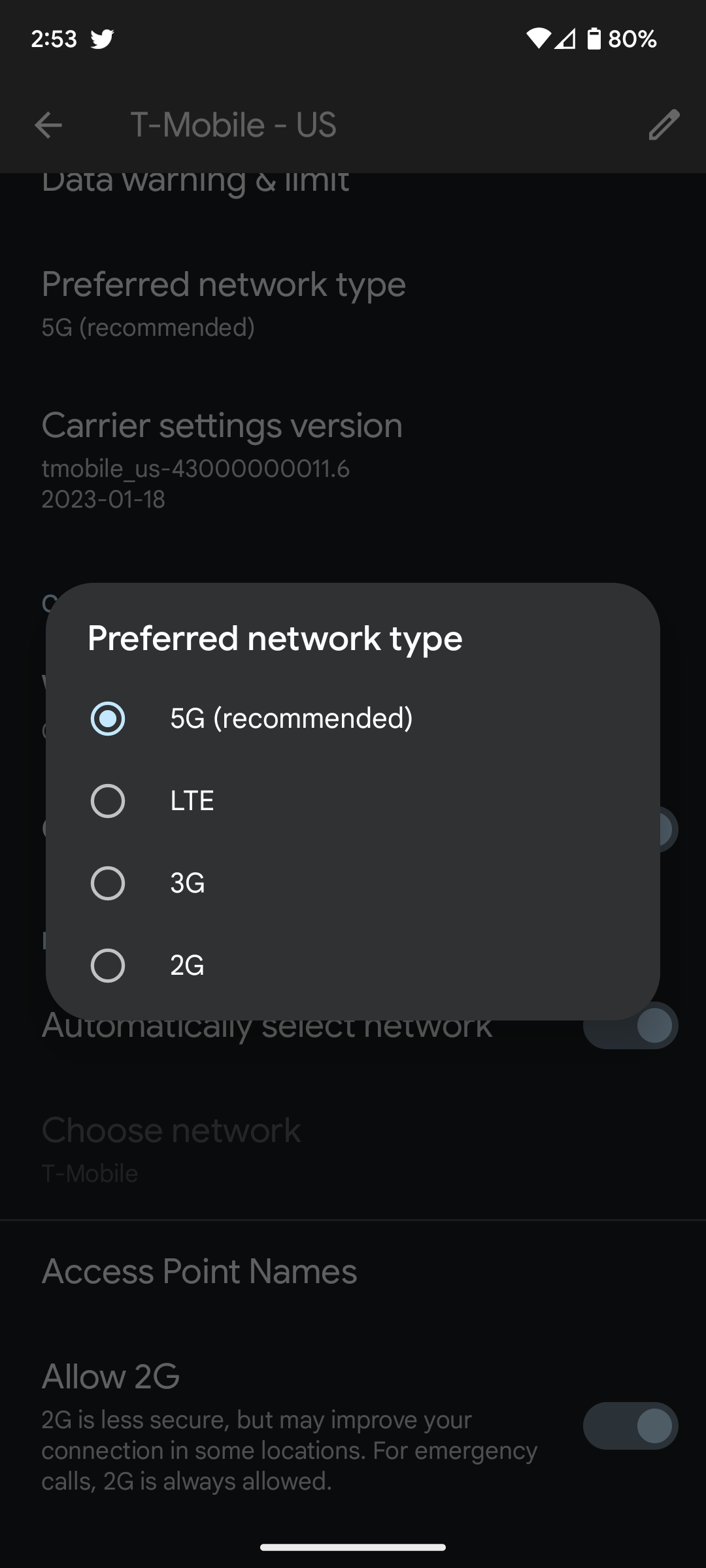 Configurações de rede preferidas em um Pixel
