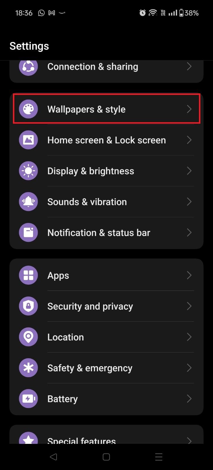 Captura de tela destacando papéis de parede e estilo no OnePlus 12R