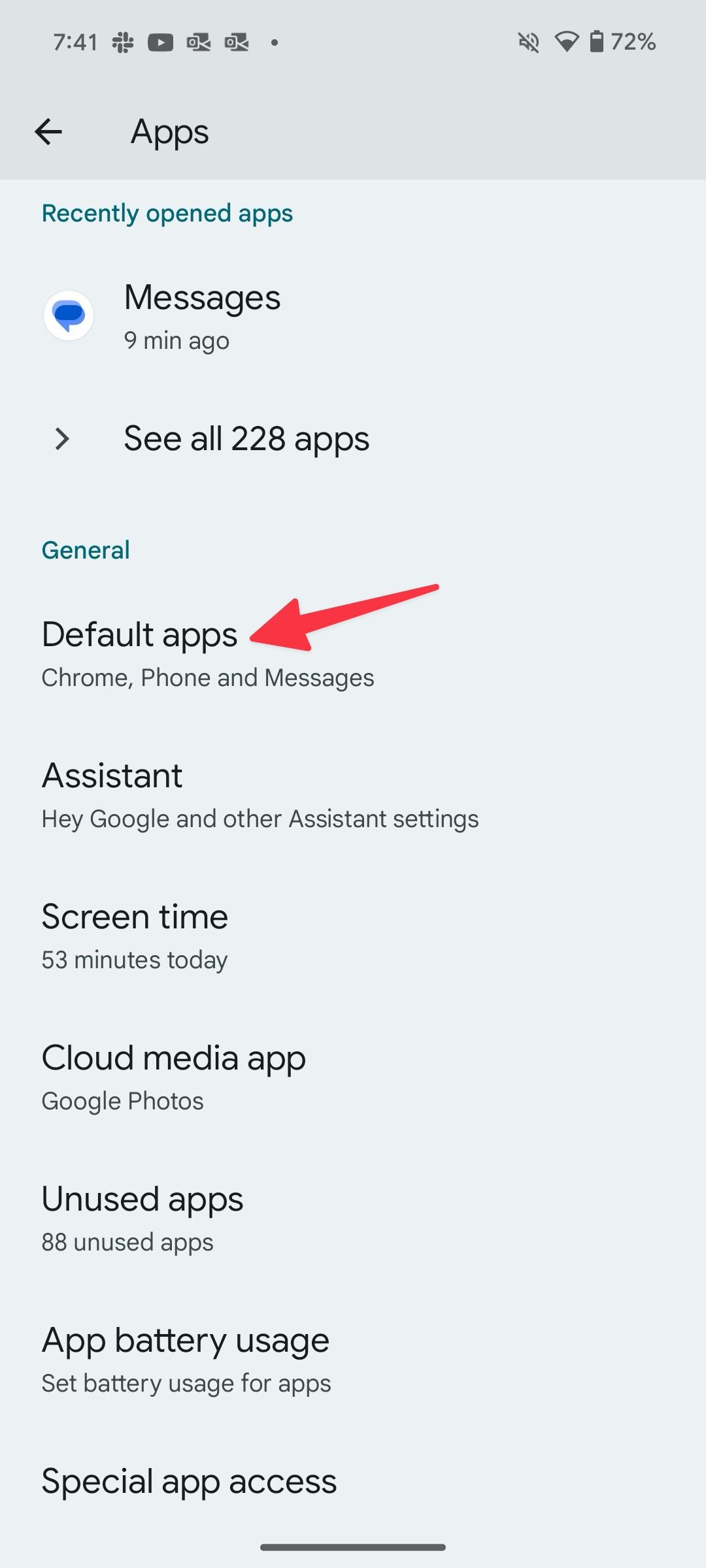 Uma captura de tela mostrando os aplicativos padrão no Android