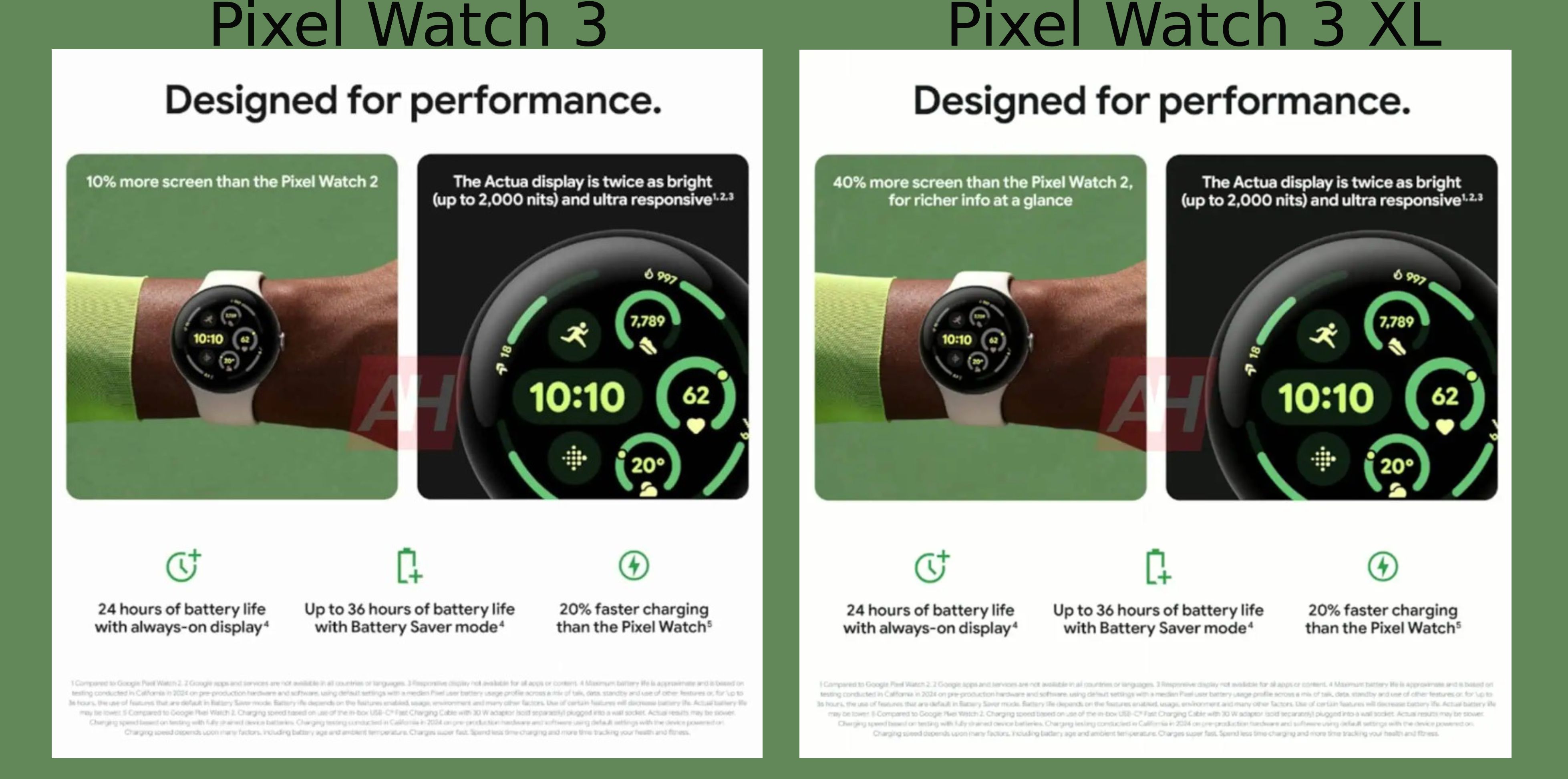 Material de marketing para o Pixel Watch 3 e Pixel Watch 3 XL. Ele sugere que os wearables terão uma tela 10% e 40% maior, respectivamente, quando comparados ao Pixel Watch 2.