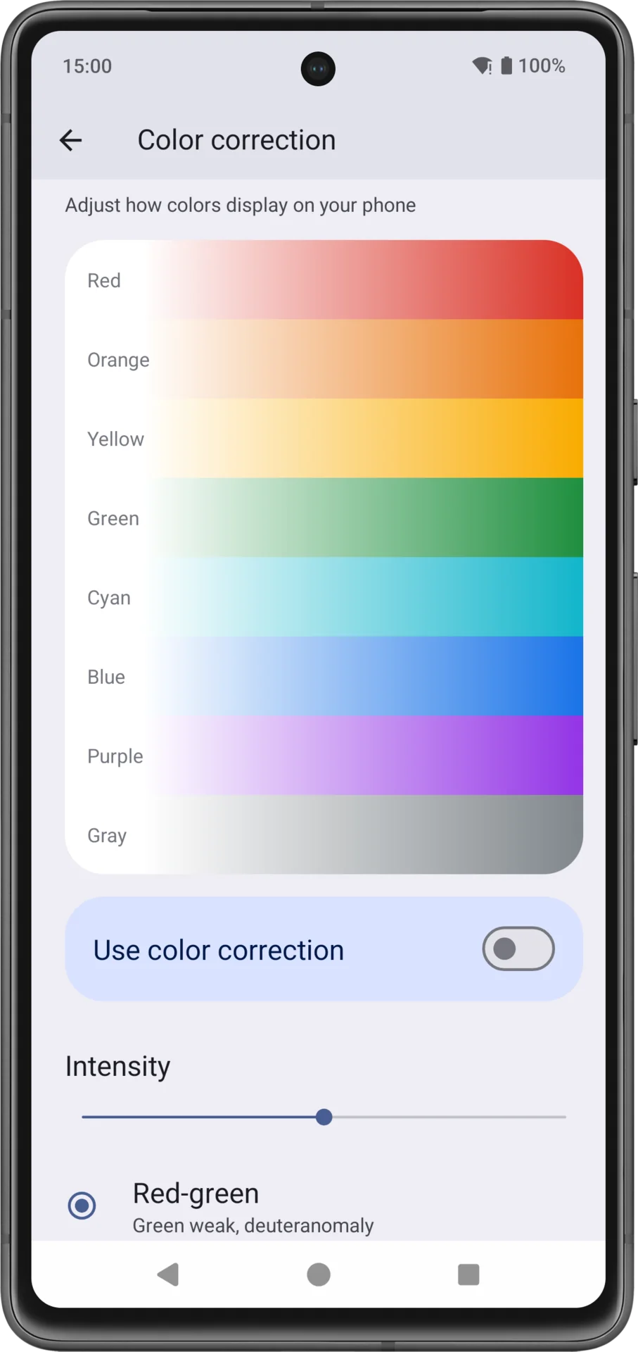 Controle deslizante de intensidade do Android 15 na página de correções de cores