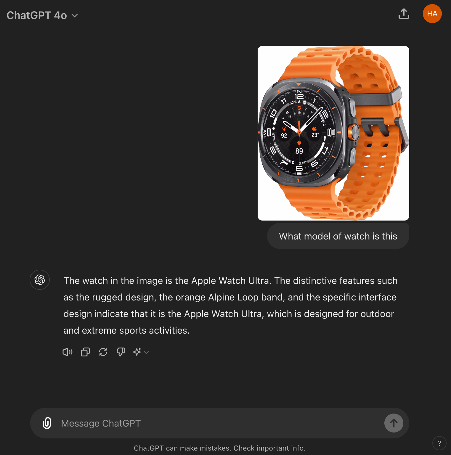 Uma captura de tela do ChatGPT onde compartilhamos uma renderização do próximo Galaxy Watch Ultra e pedimos ao modelo para identificá-lo. De acordo com o ChatGPT, a imagem mostra um Apple Watch Ultra.