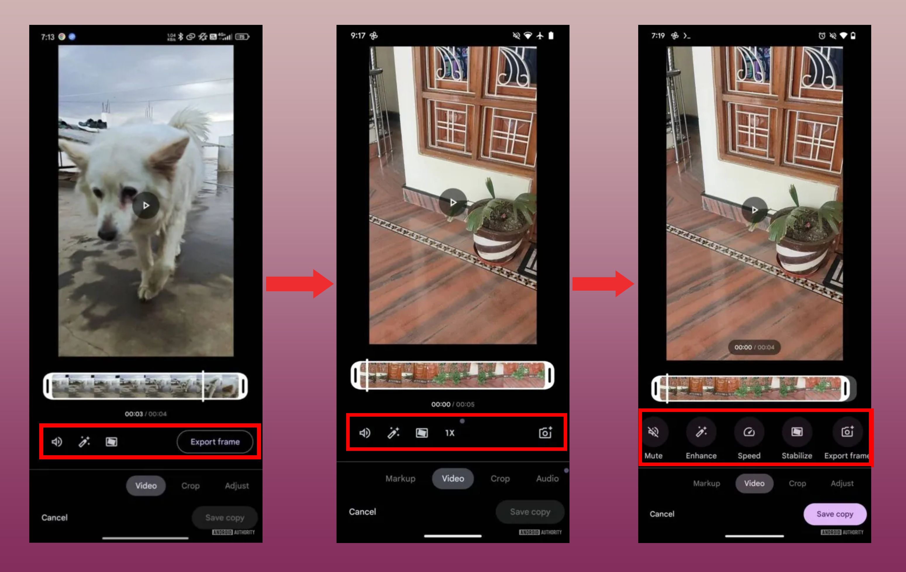 Capturas de tela da interface de edição de vídeo em constante mudança do Google Fotos.