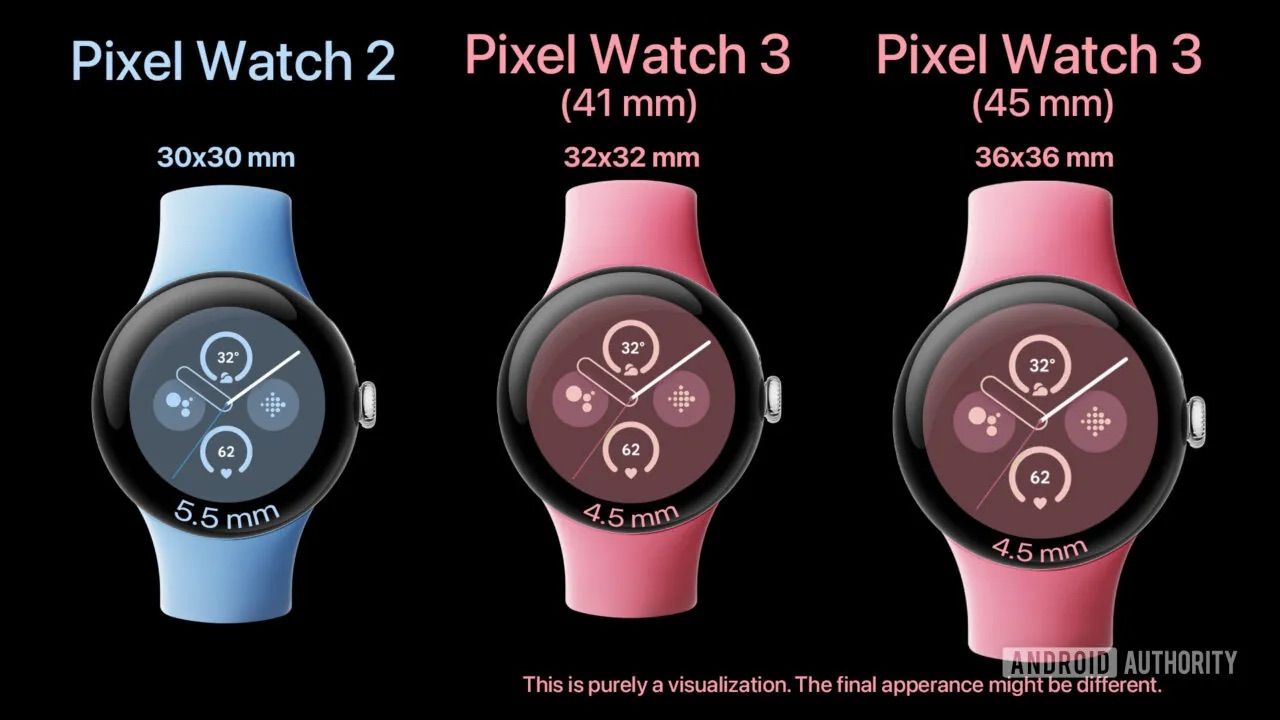 pixel Watch 3 dimensionamento da moldura com três relógios diferentes 