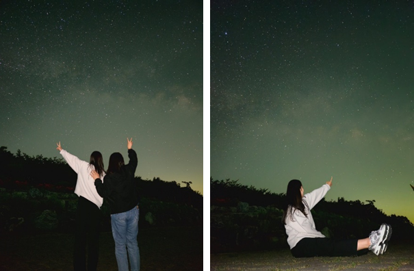Exemplos de como serão os Astro Portraits da Samsung. A primeira foto tem dois sujeitos com um céu estrelado como pano de fundo. A segunda foto tem apenas uma pessoa.