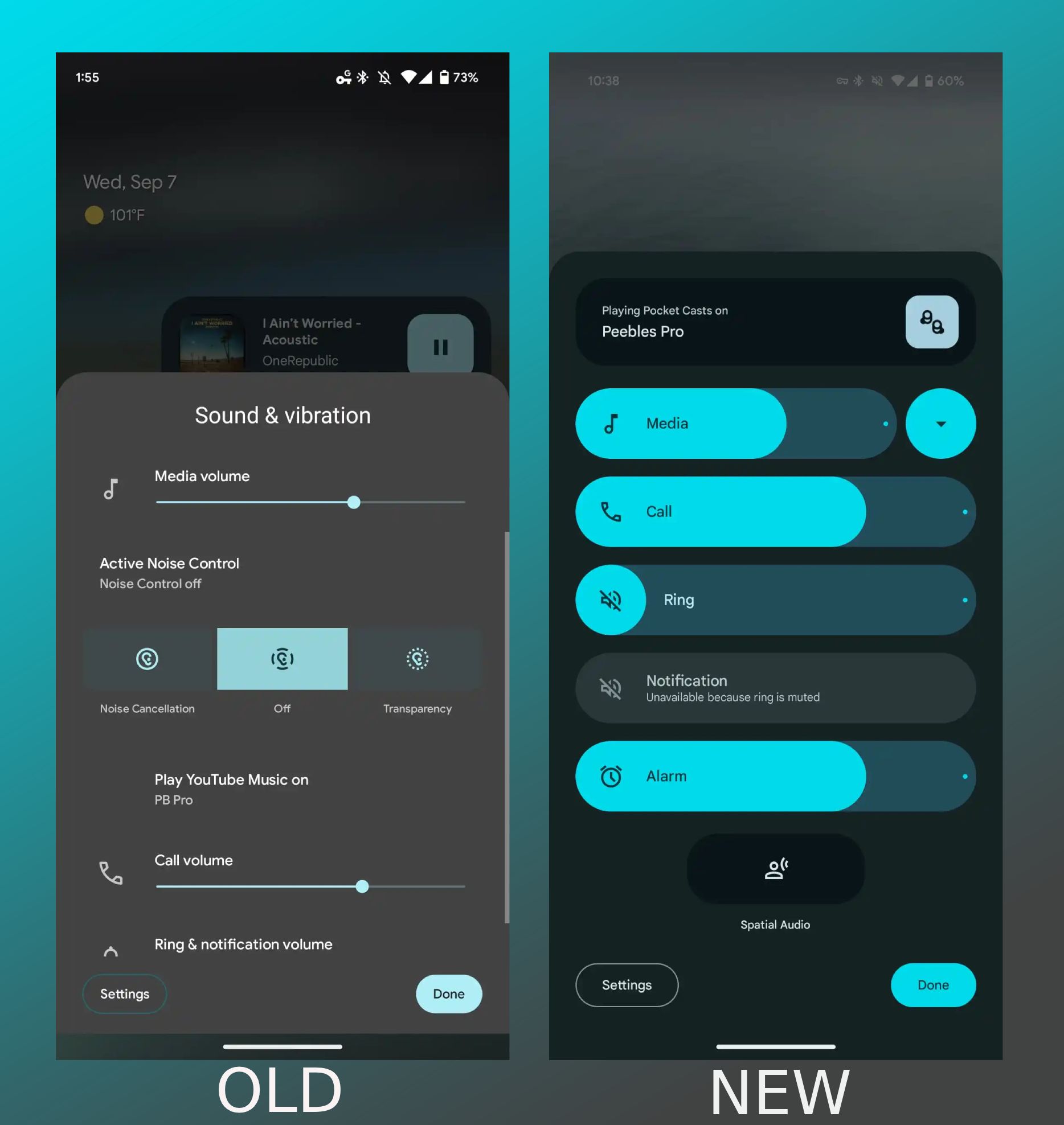 Capturas de tela antigas e novas da UI do painel de volume. A primeira imagem mostra a UI do Android 14 e a segunda mostra a UI do Android 15 Beta 4.
