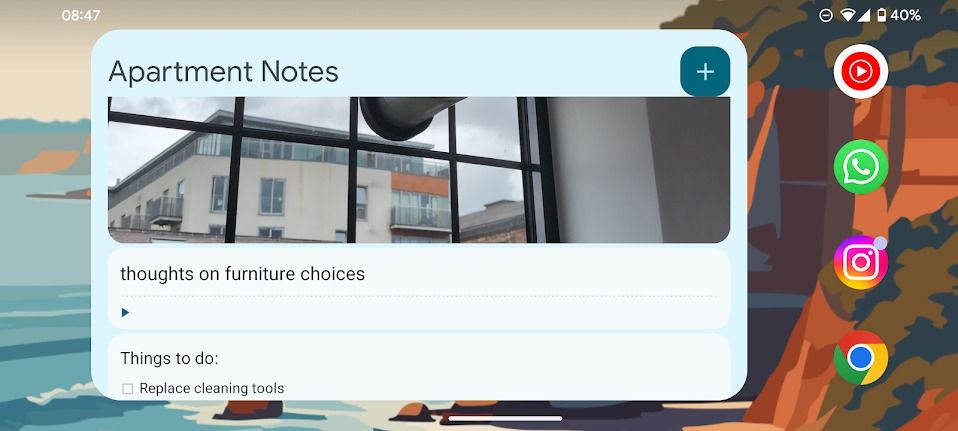 widget de notas mostrando imagem e nota de voz