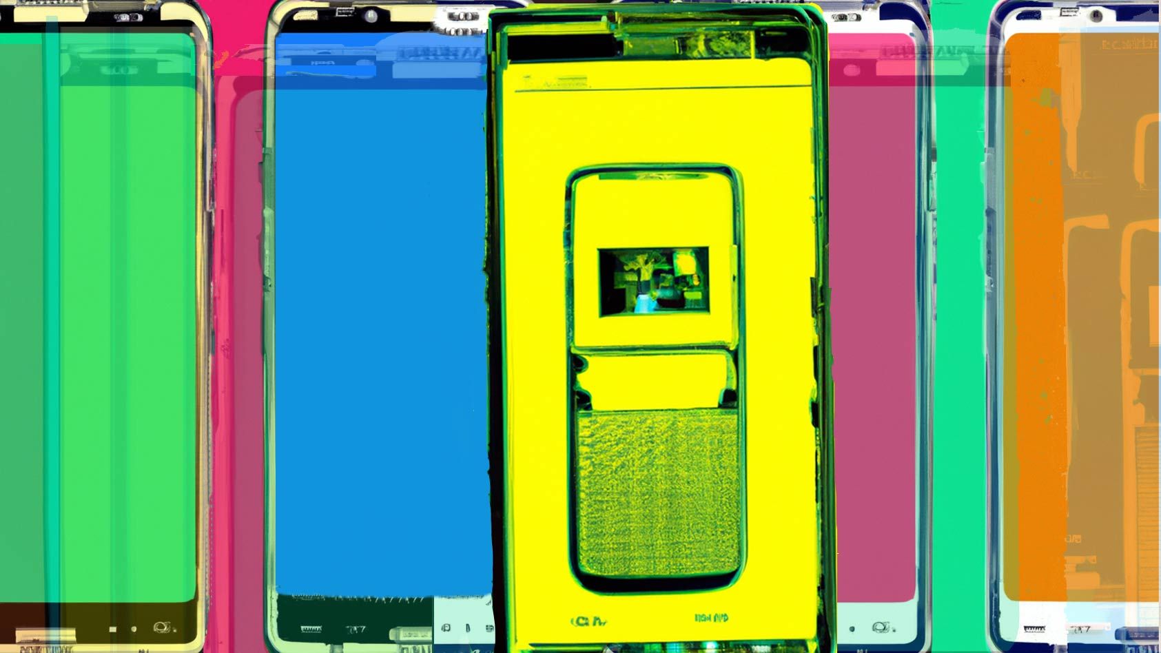 Uma ilustração de vários telefones com telas brilhantes e um telefone amarelo com a imagem de outro telefone em primeiro plano.