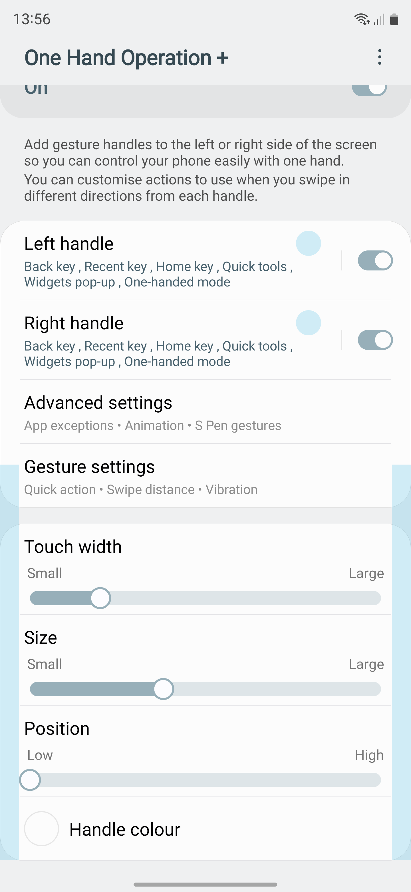 Uma captura de tela do One Hand Operation+ em um telefone Samsung, demonstrando como ajustar a área de destino para navegação por gestos