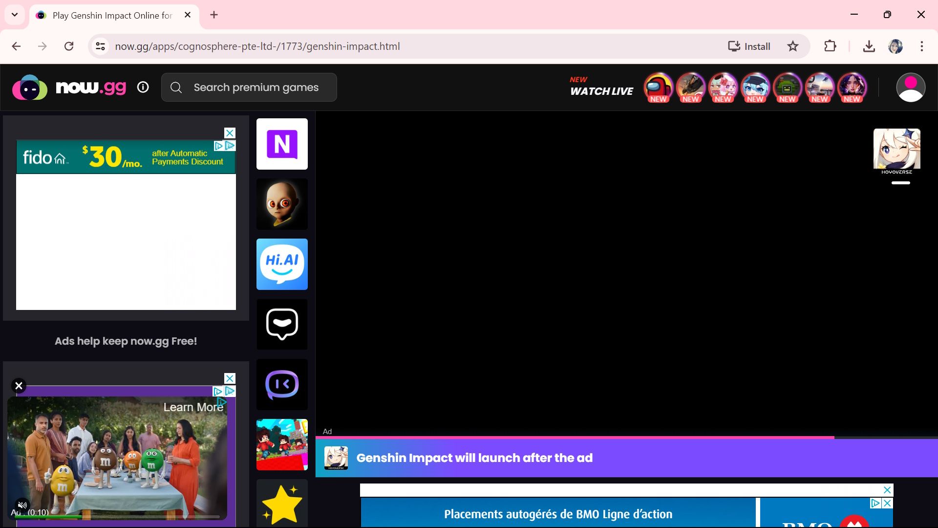 Exemplo de anúncios no now.gg durante o lançamento do Genshin Impact