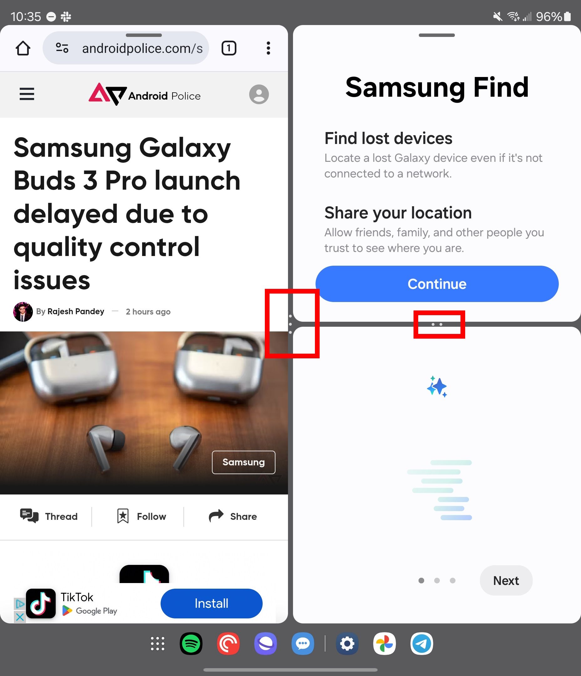 Dois contornos retangulares vermelhos destacando os botões de várias janelas em uma tela do Samsung Galaxy Z Fold 6