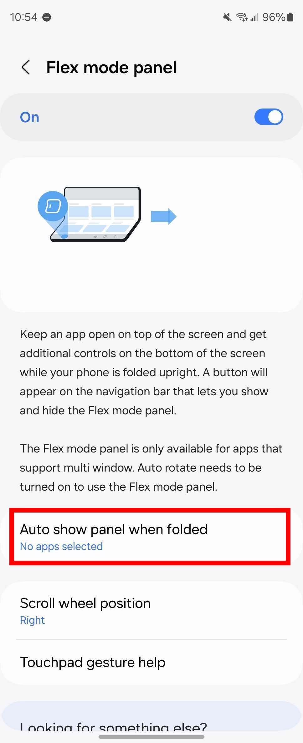 Destaque do contorno do retângulo vermelho Opção de exibição automática do painel quando dobrado nas configurações do painel do modo Flex