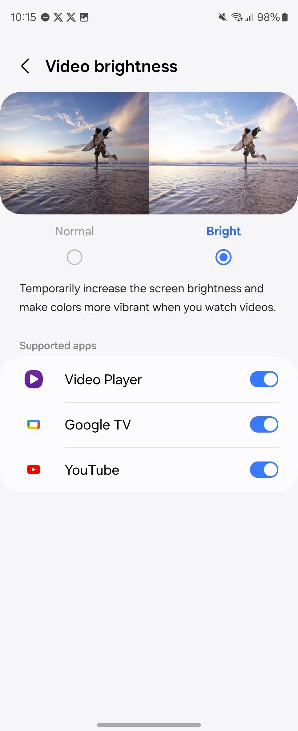 Opção brilhante selecionada mostrando uma lista de aplicativos suportados com alternâncias nas configurações de brilho do vídeo